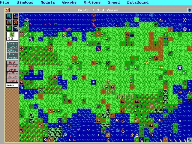 Giao diện game SimEarth mô phỏng sự sống và quản lý hành tinh