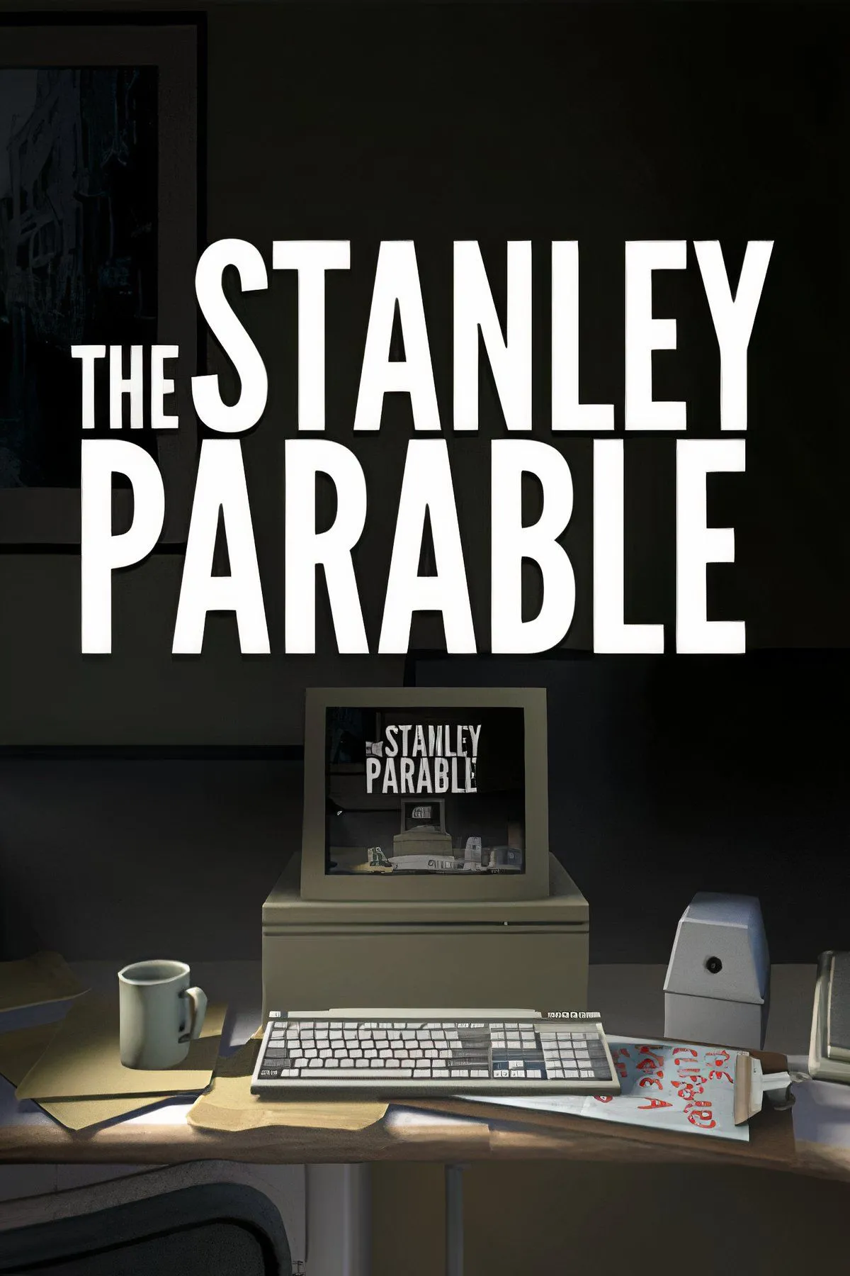 Giao diện game The Stanley Parable với nhân vật chính trong một văn phòng, thể hiện phong cách kể chuyện siêu thực.