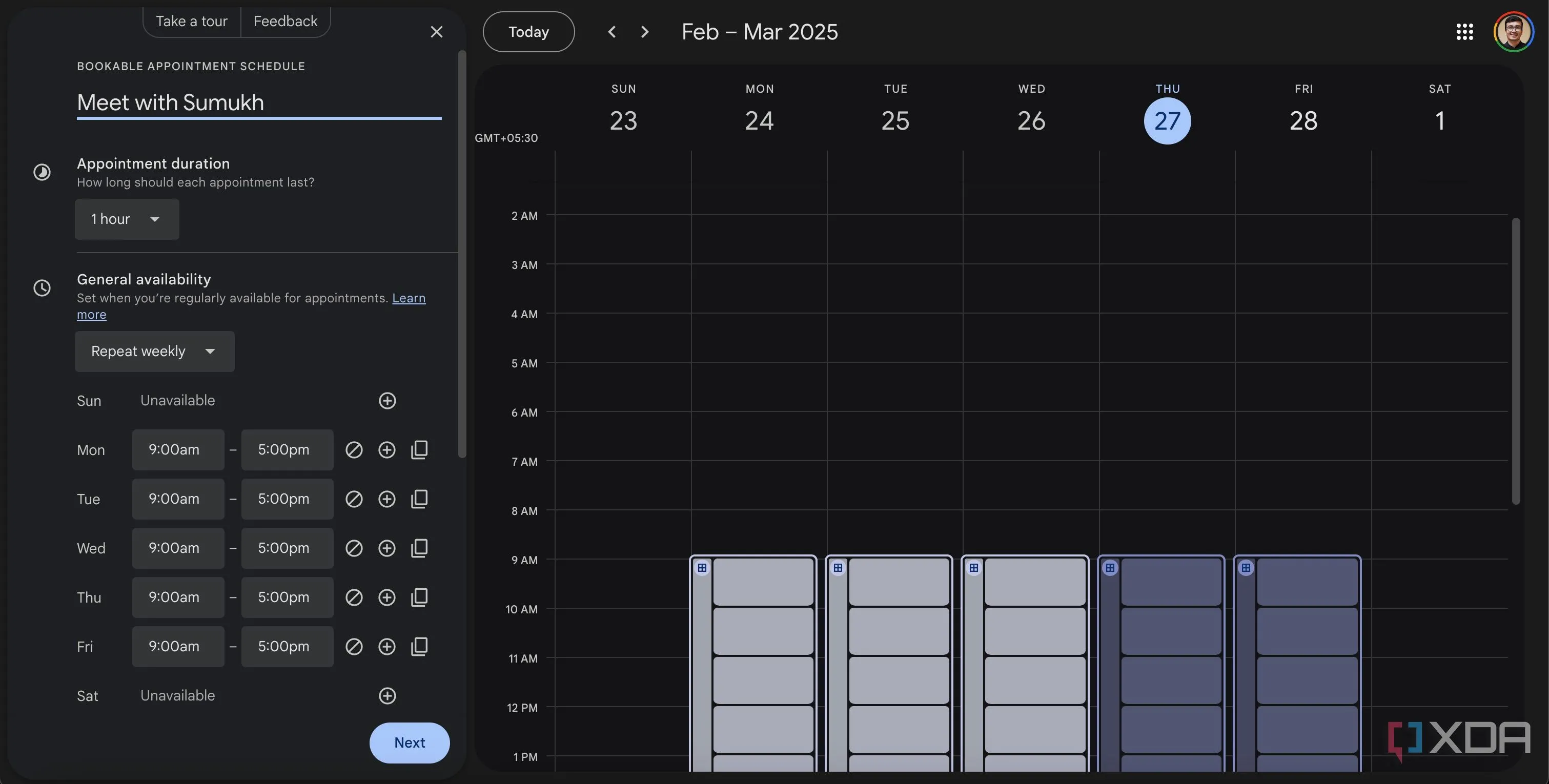 Giao diện Google Calendar tạo lịch hẹn với các khung thời gian trống và tùy chọn cuộc họp.