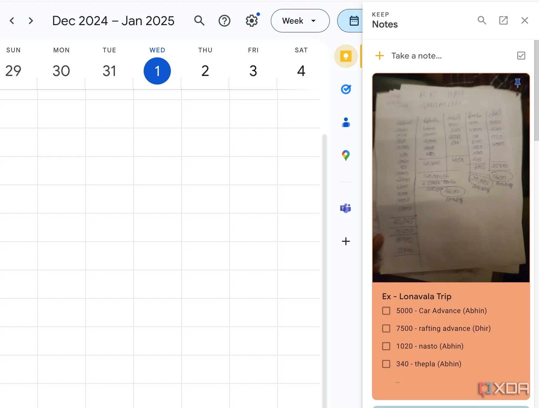 Giao diện Google Calendar tích hợp Google Keep, minh họa việc truy cập ứng dụng ghi chú trực tiếp từ lịch