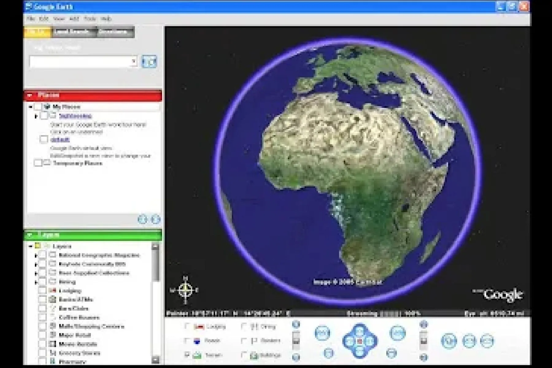 Giao diện Google Earth phiên bản đầu tiên ra mắt công chúng vào năm 2005, với bản đồ vệ tinh của một khu vực