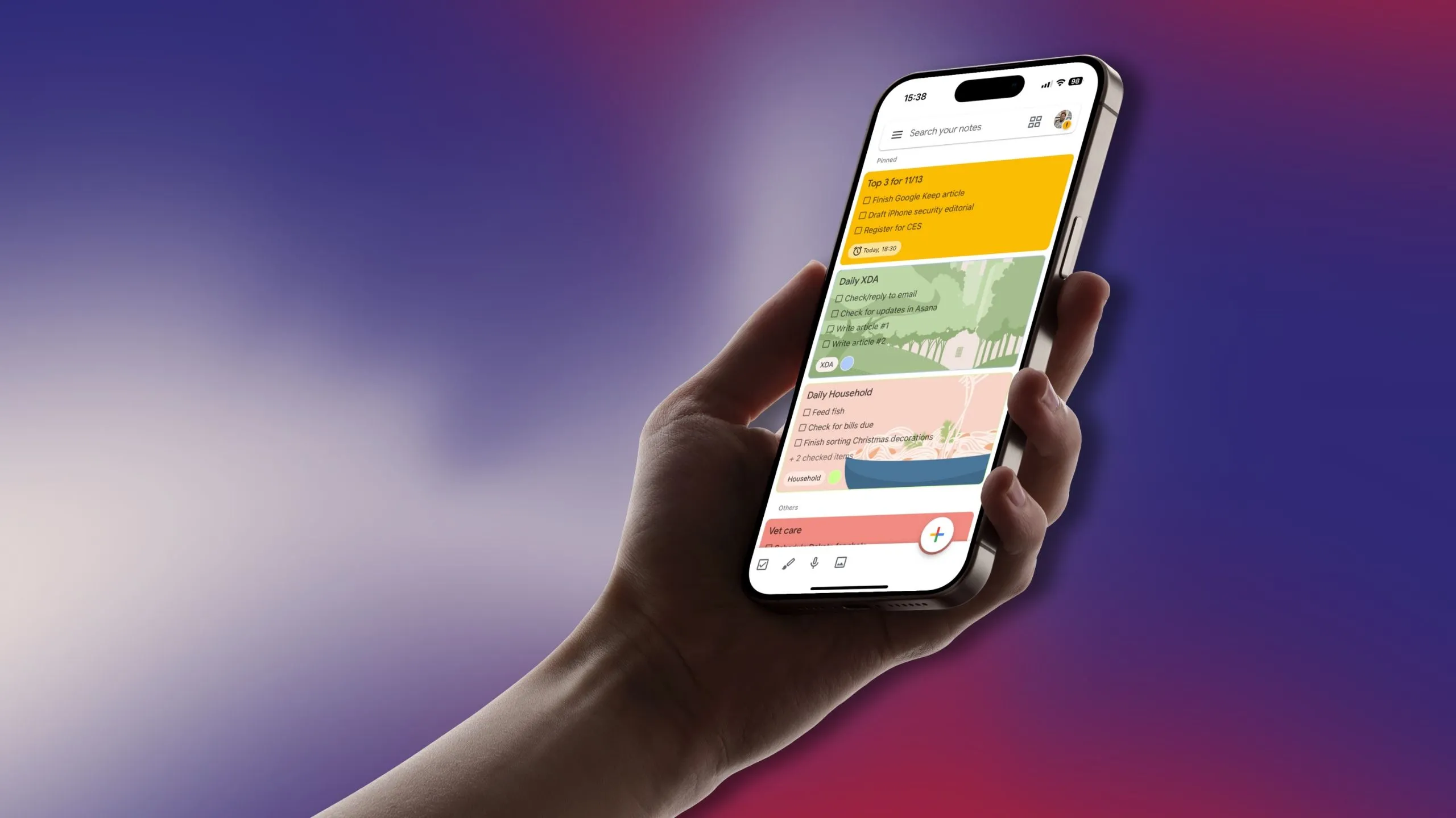 Giao diện Google Keep với các gợi ý sử dụng làm công cụ lập kế hoạch hàng ngày
