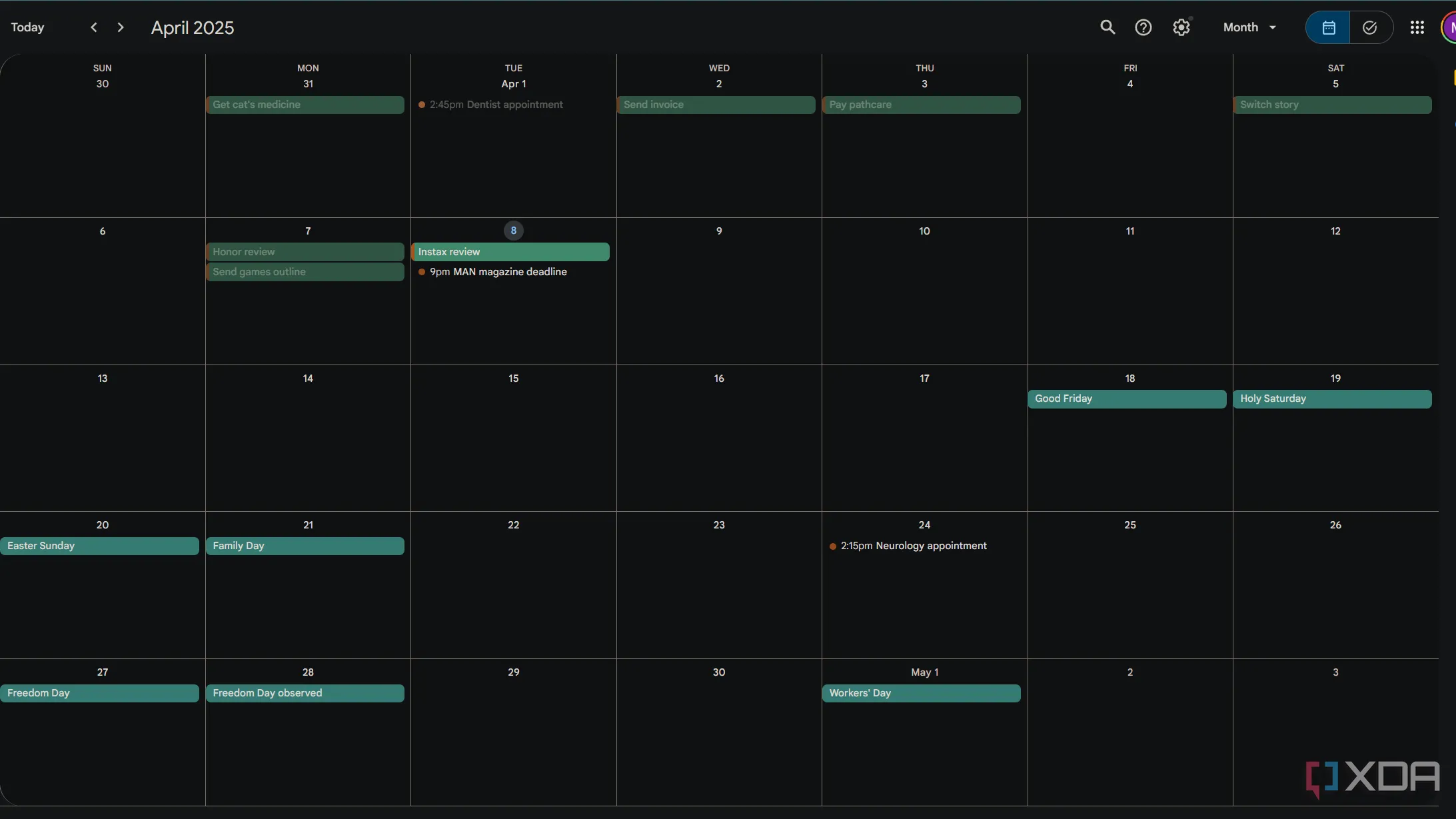 Giao diện hiển thị lịch theo tháng trong Google Calendar