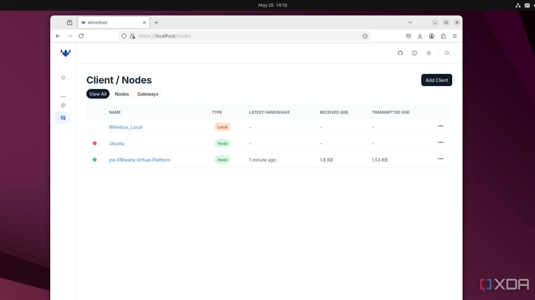 Giao diện hoặc phần cấu hình kết nối node trong Wiredoor