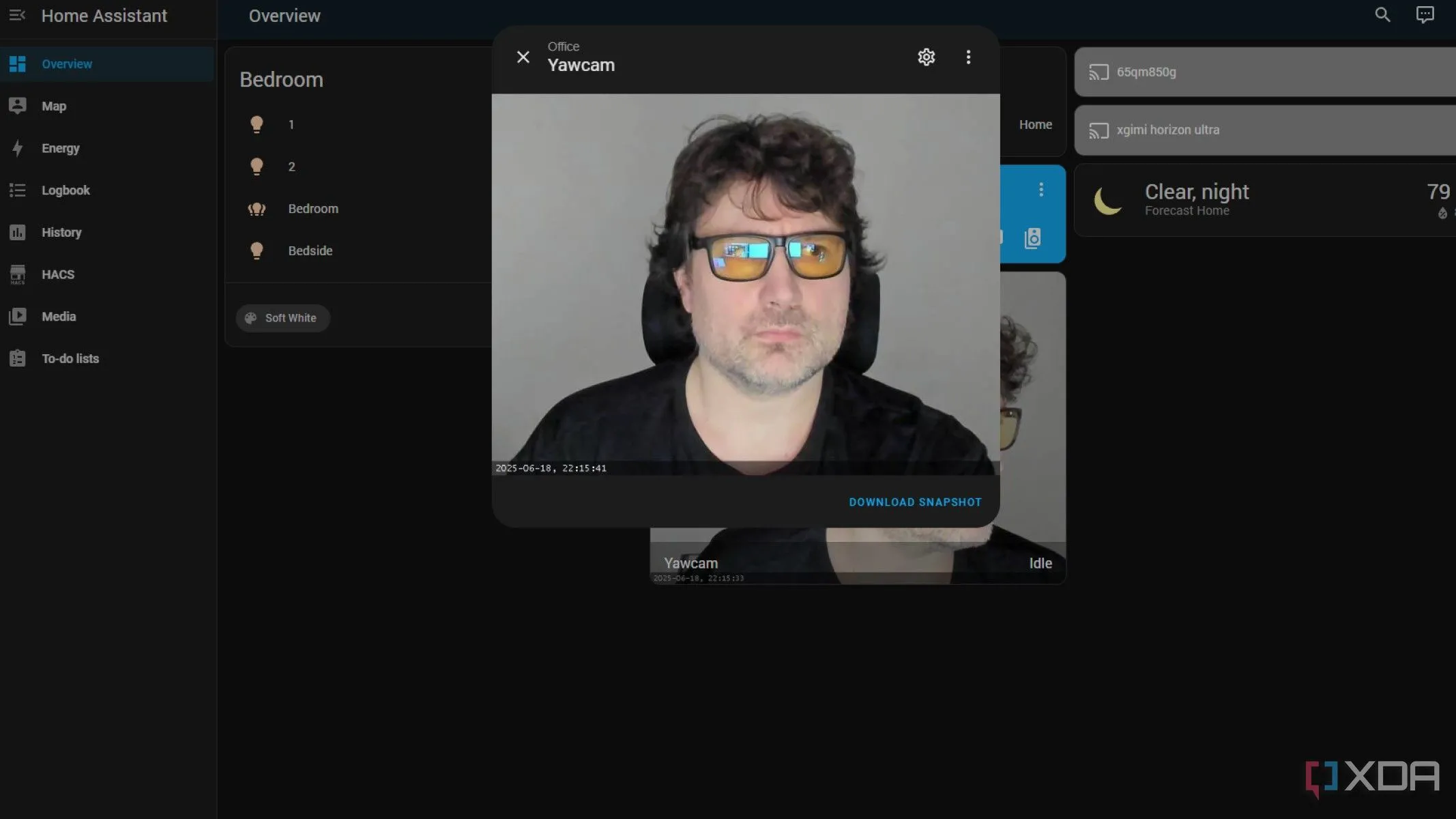 Giao diện Home Assistant hiển thị luồng video từ Yawcam, tích hợp camera an ninh nội bộ