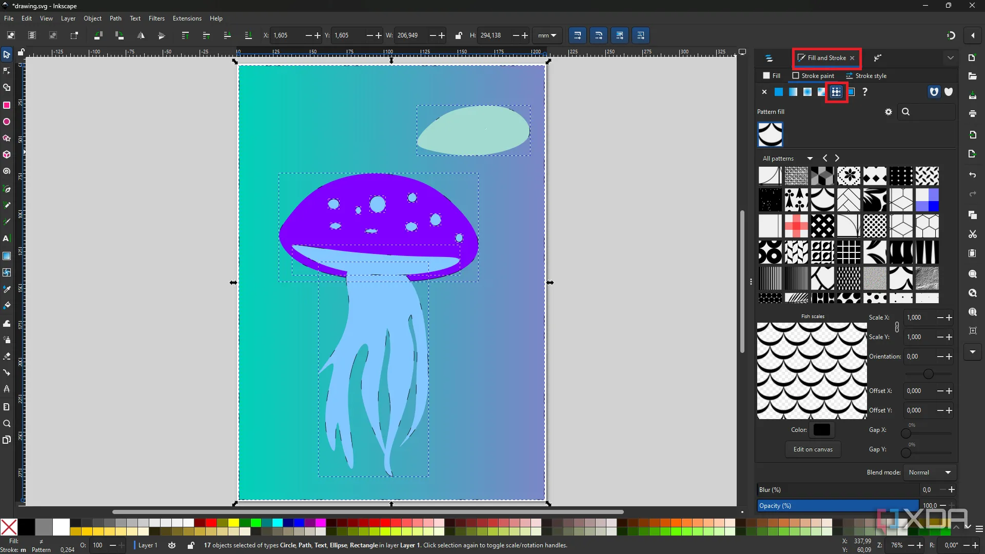 Giao diện Inkscape hiển thị bảng điều khiển Fill and Stroke với tùy chọn tạo họa tiết, áp dụng cho hình minh họa con sứa.