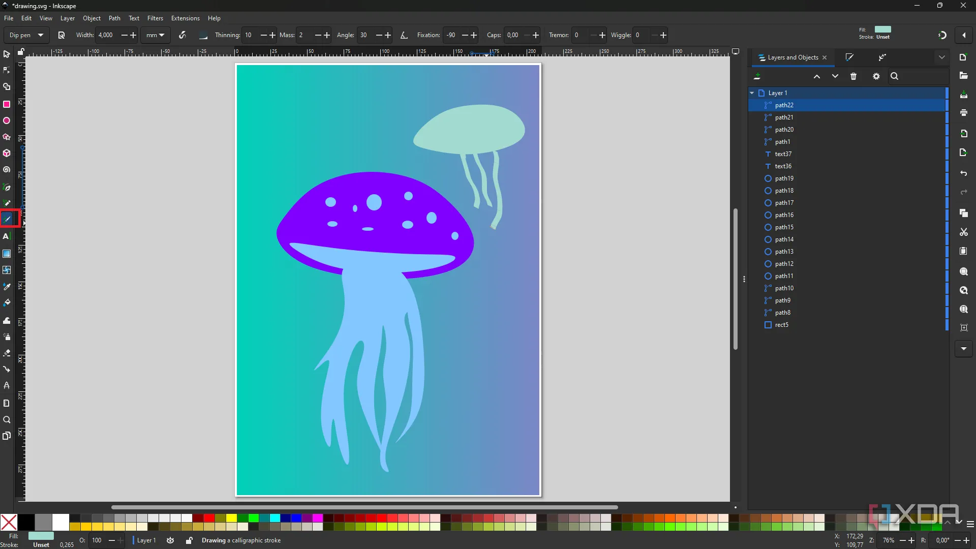 Giao diện Inkscape hiển thị công cụ Thư pháp (Calligraphy tool) đang được sử dụng để vẽ minh họa con sứa.