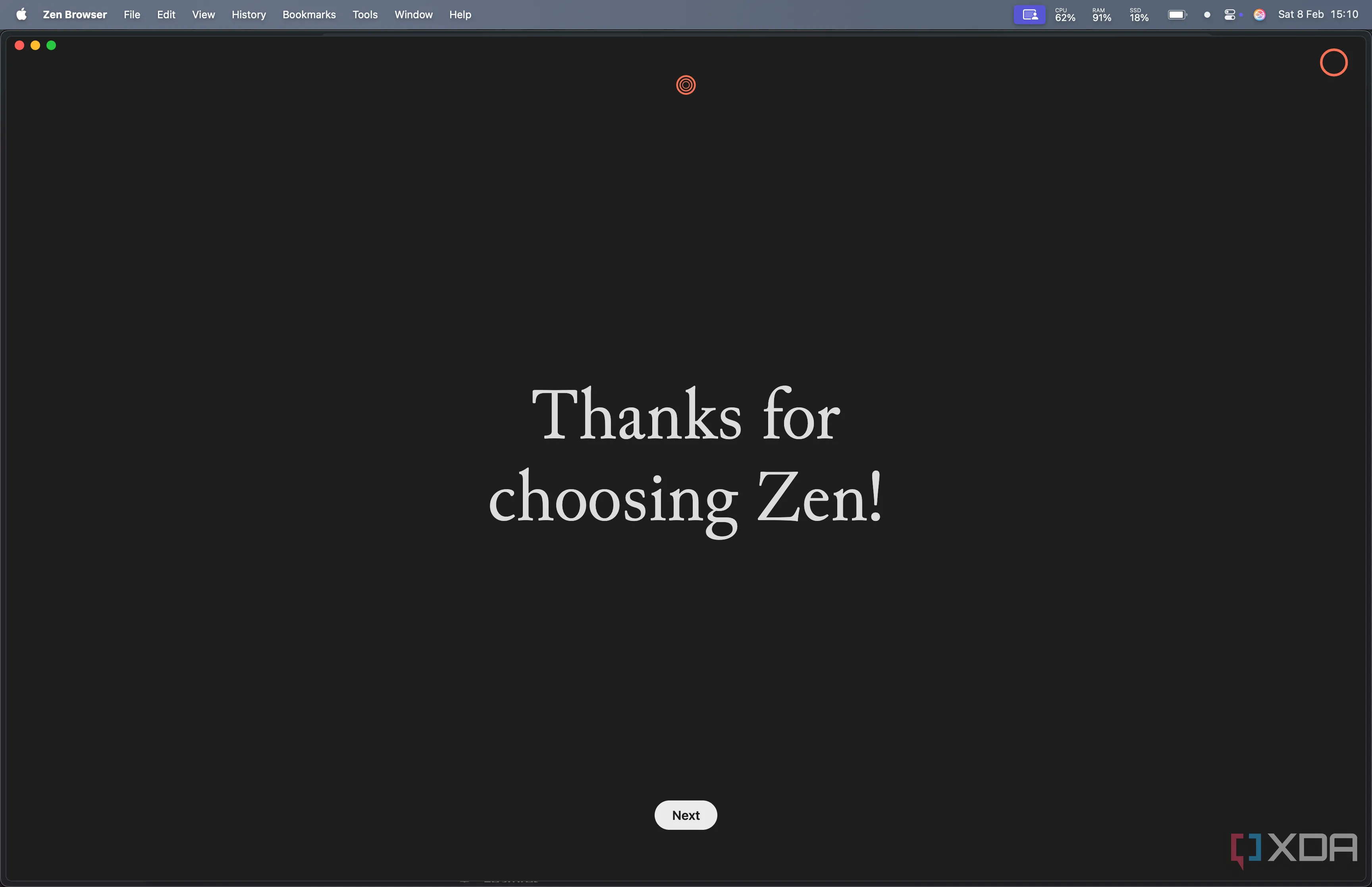 Giao diện kết thúc của Zen Browser với thông báo &quot;Thank you for choosing Zen Browser&quot;, thể hiện sự thân thiện với người dùng