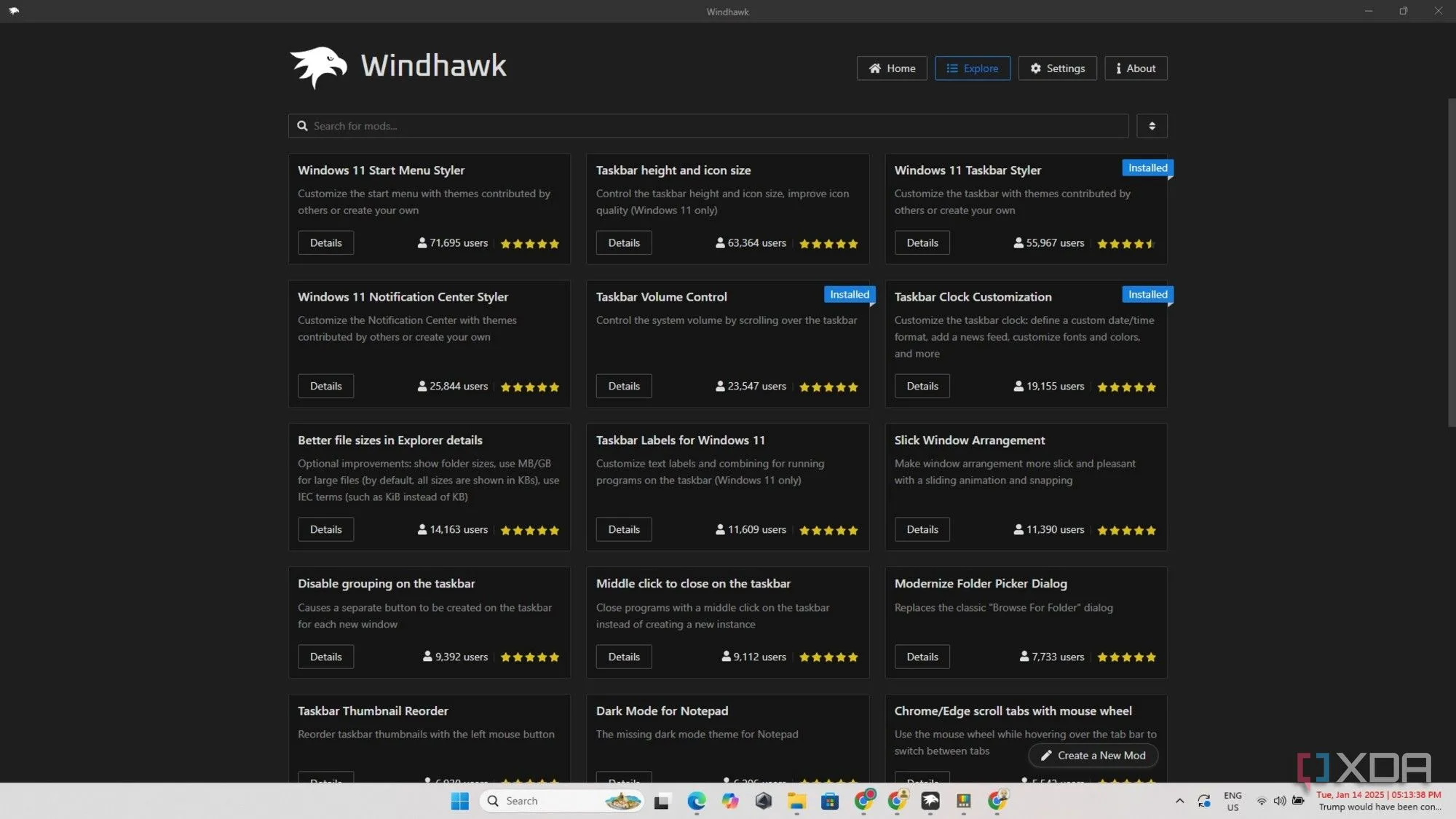 Giao diện khám phá module của Windhawk với danh sách các mod và thông tin chi tiết