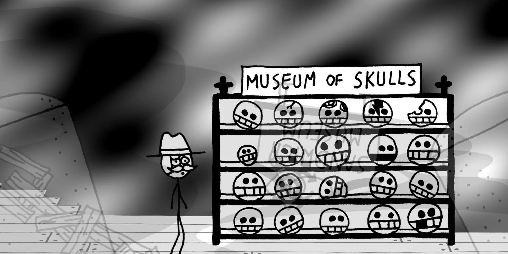 Giao diện khám phá thế giới trong Shadows Over Loathing, với các nhân vật và đối tượng được vẽ theo phong cách tối giản