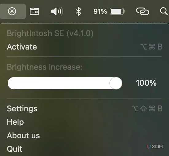 Giao diện kích hoạt chế độ độ sáng cao của Brightintosh