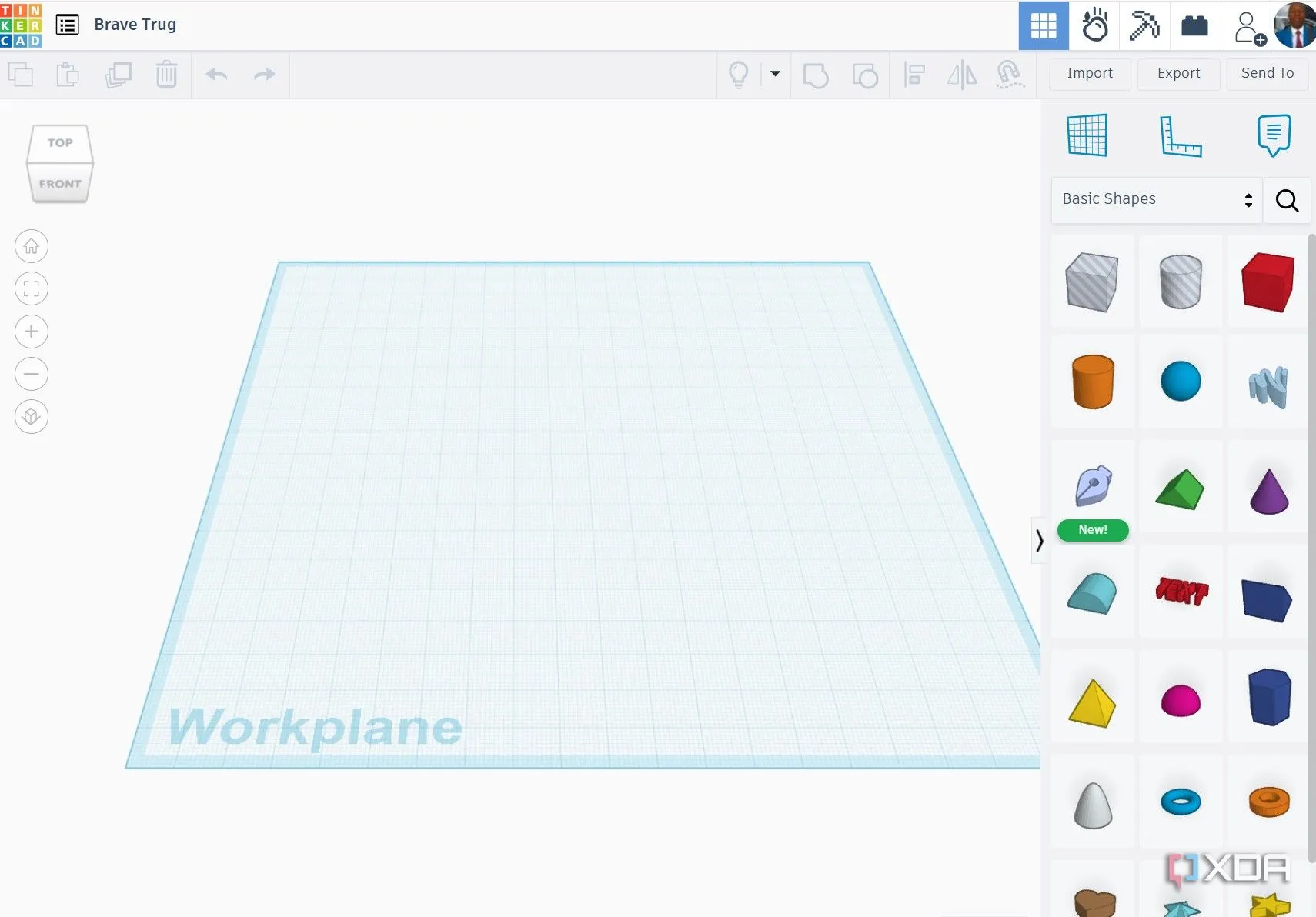 Giao diện làm việc của TinkerCAD với các hình khối cơ bản và công cụ kéo thả, thể hiện sự đơn giản