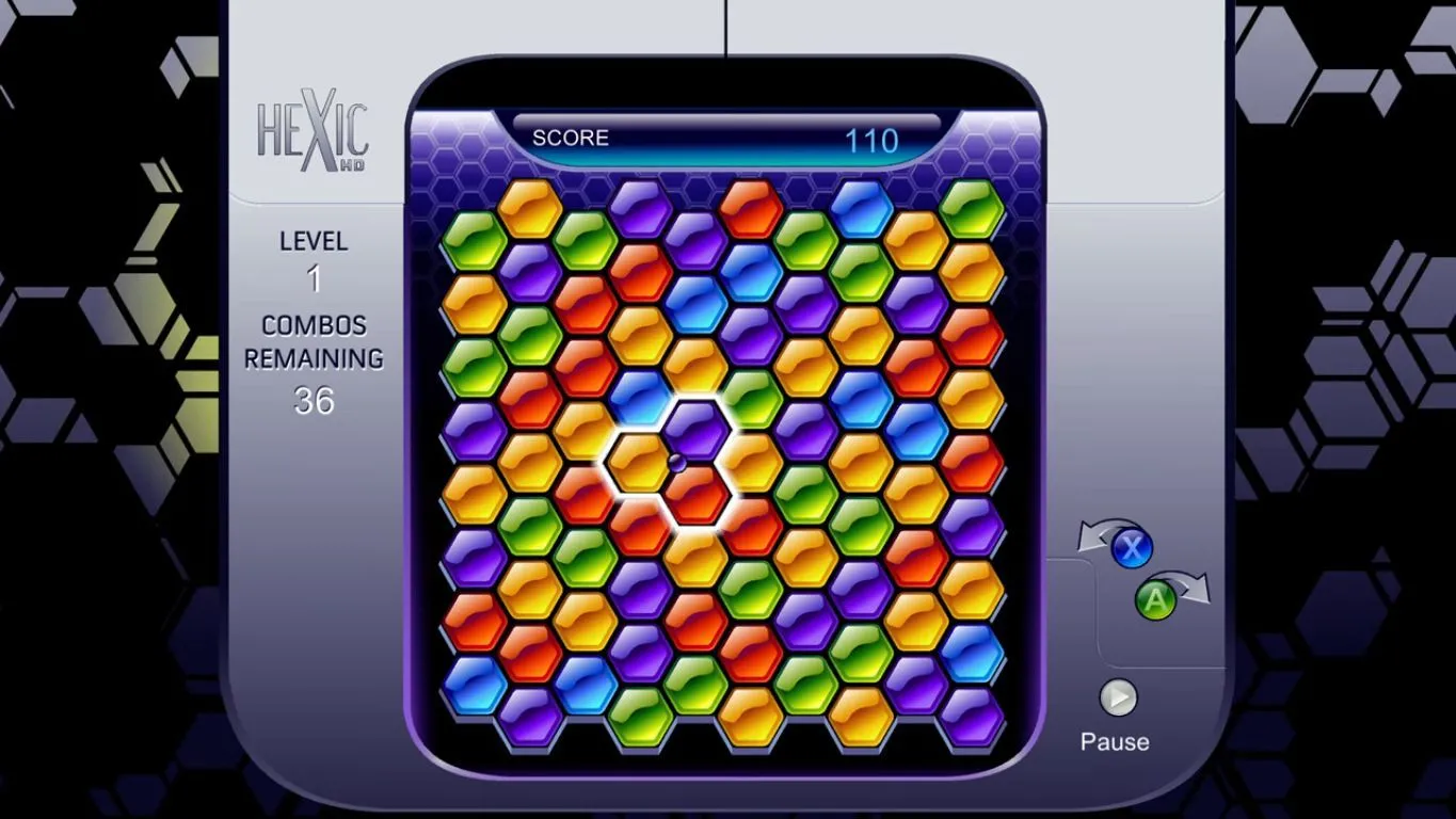Giao diện màn chơi cấp độ 1 của game giải đố Hexic HD, với các khối lục giác nhiều màu sắc.