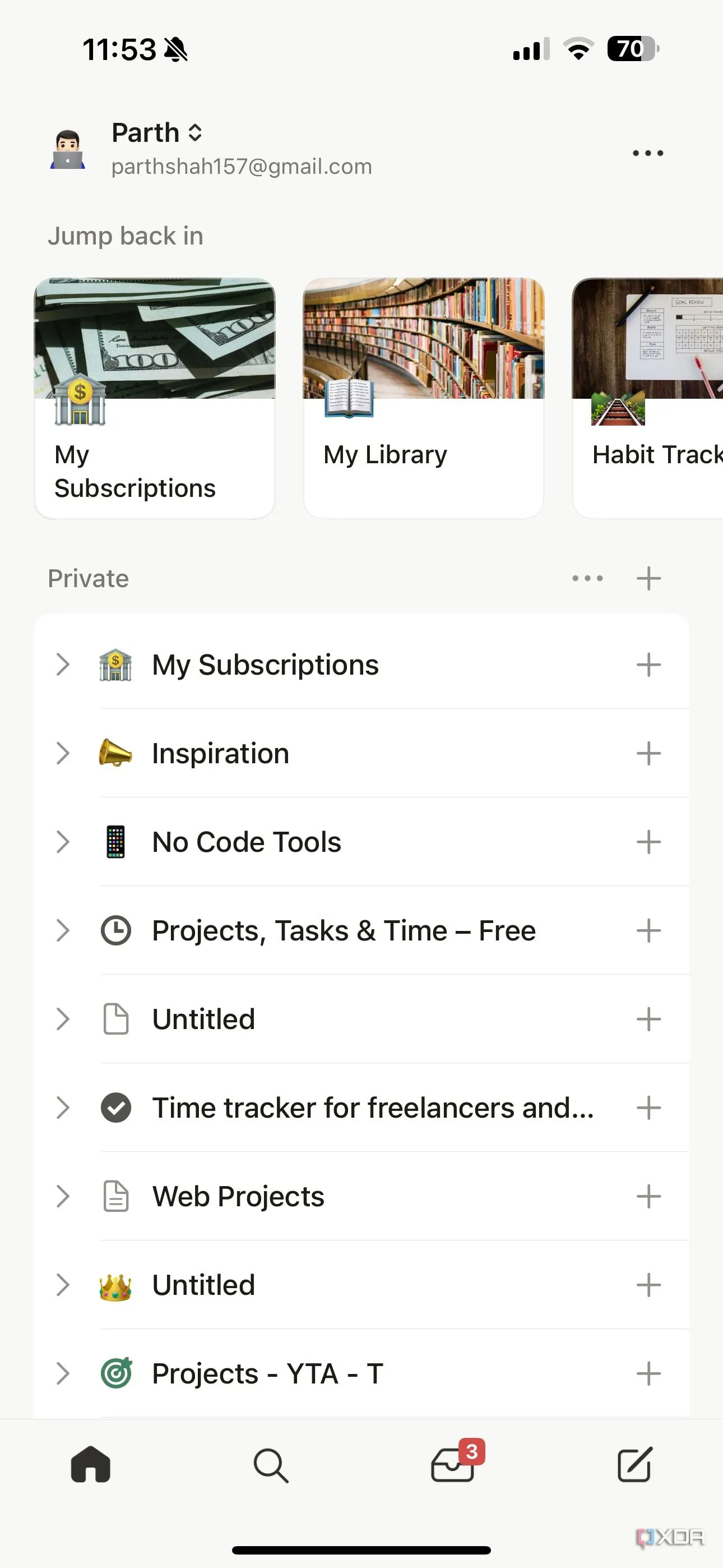 Giao diện màn hình chính ứng dụng Notion trên iOS, cho thấy trải nghiệm di động cơ bản