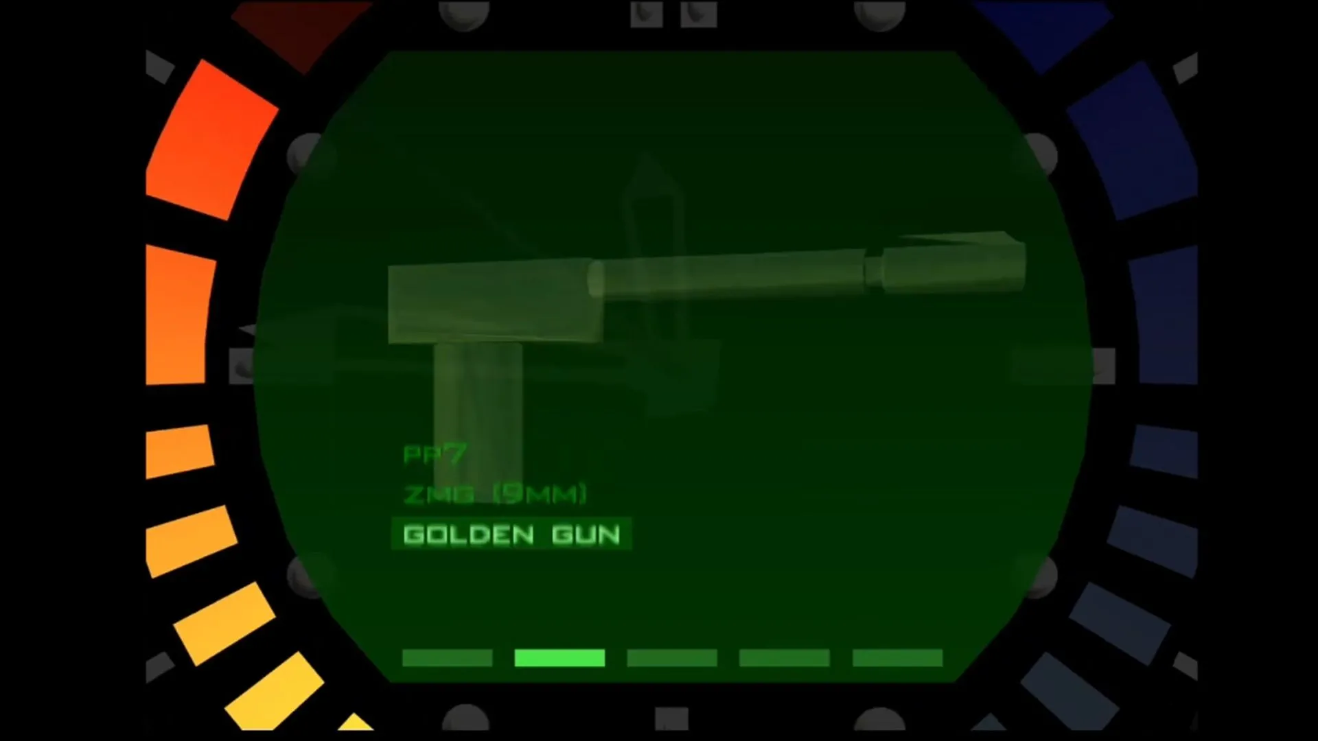 Giao diện menu lựa chọn Golden Gun trong game GoldenEye 007 trên Nintendo 64.