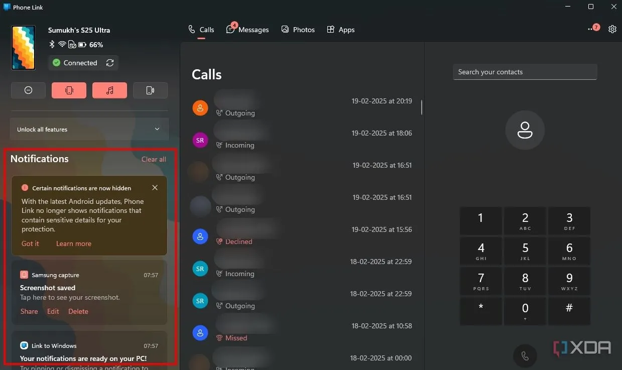 Giao diện Microsoft Phone Link hiển thị thông báo điện thoại được đồng bộ hóa trên màn hình máy tính Windows, cho phép người dùng tương tác trực tiếp.
