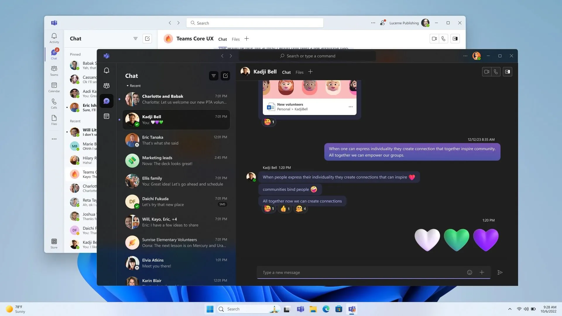 Giao diện Microsoft Teams trên Windows 11 với nhiều tài khoản được mở trong các cửa sổ khác nhau, hỗ trợ cộng tác hiệu quả với file Excel