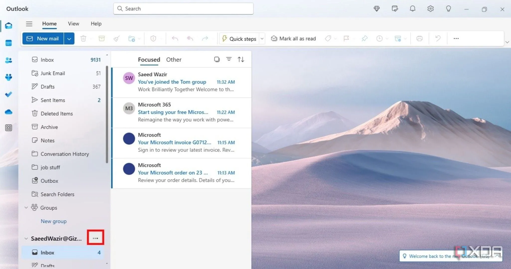 Giao diện New Outlook, hiển thị ba dấu chấm bên cạnh tên tài khoản để mở menu tùy chọn