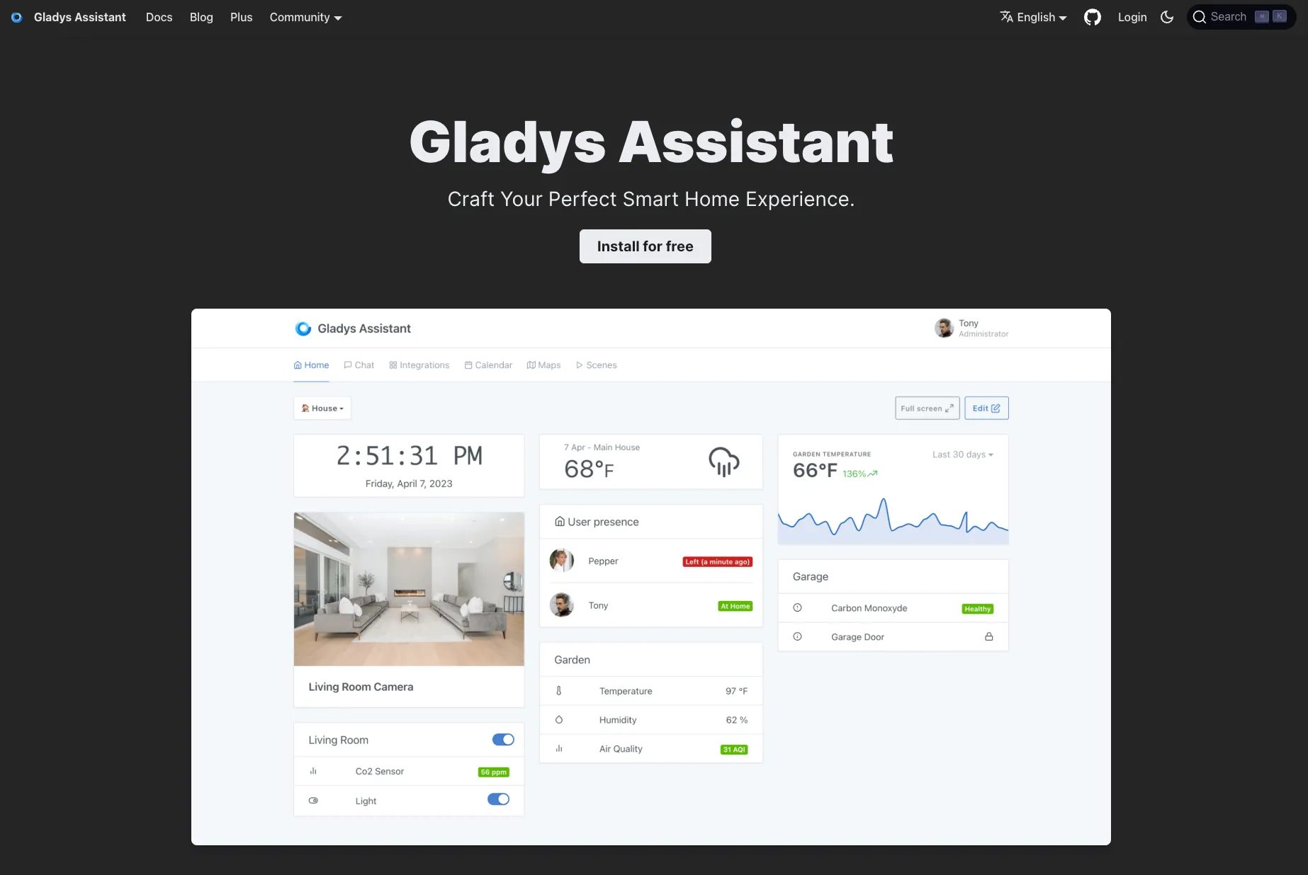 Giao diện người dùng của Gladys Assistant, nền tảng nhà thông minh bảo mật