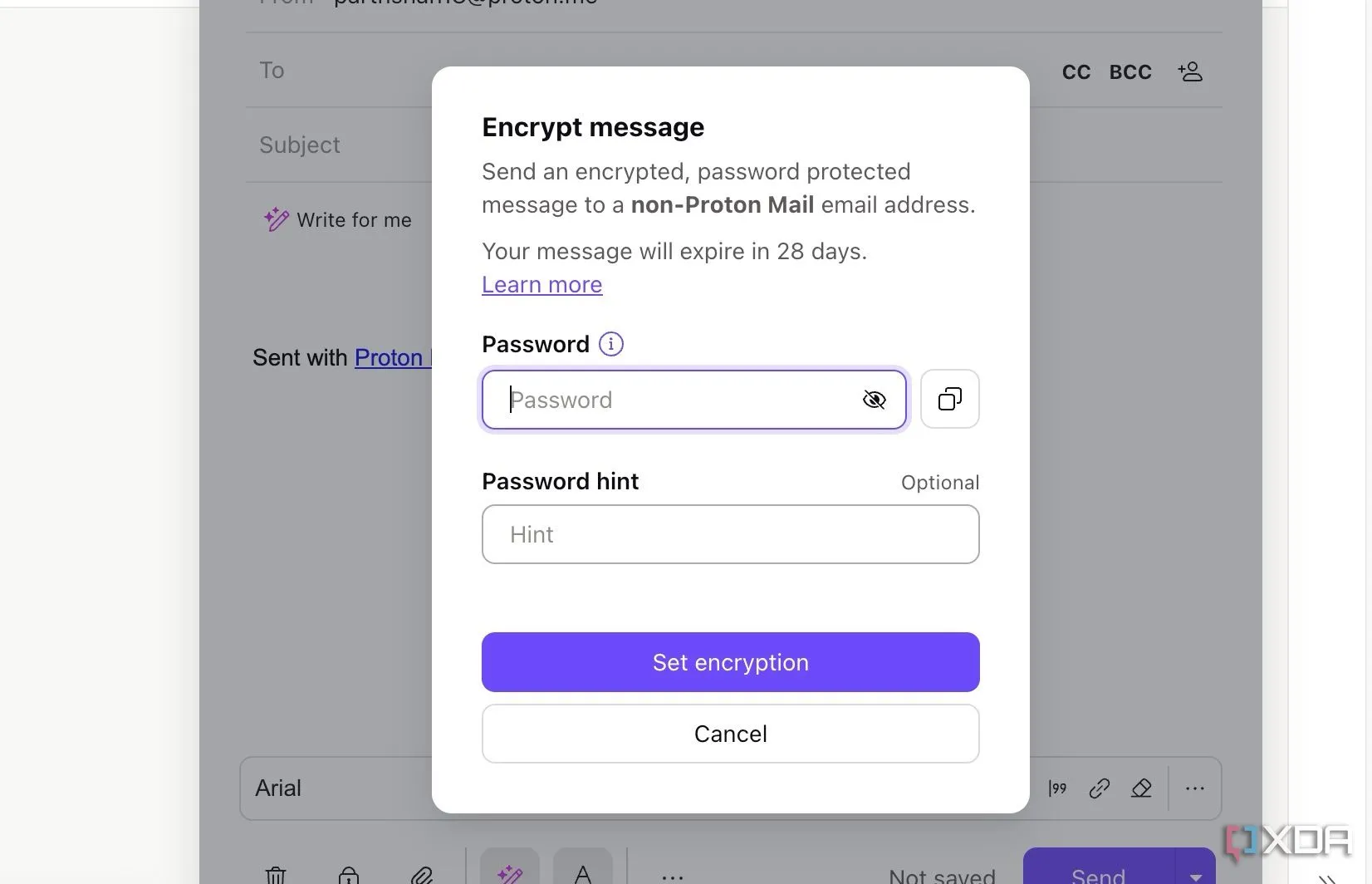 giao diện người dùng Proton Mail thể hiện khả năng mã hóa email với mật khẩu để tăng cường bảo mật