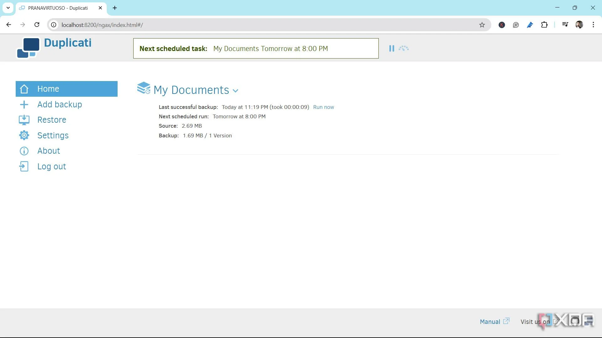 Giao diện người dùng web của phần mềm Duplicati