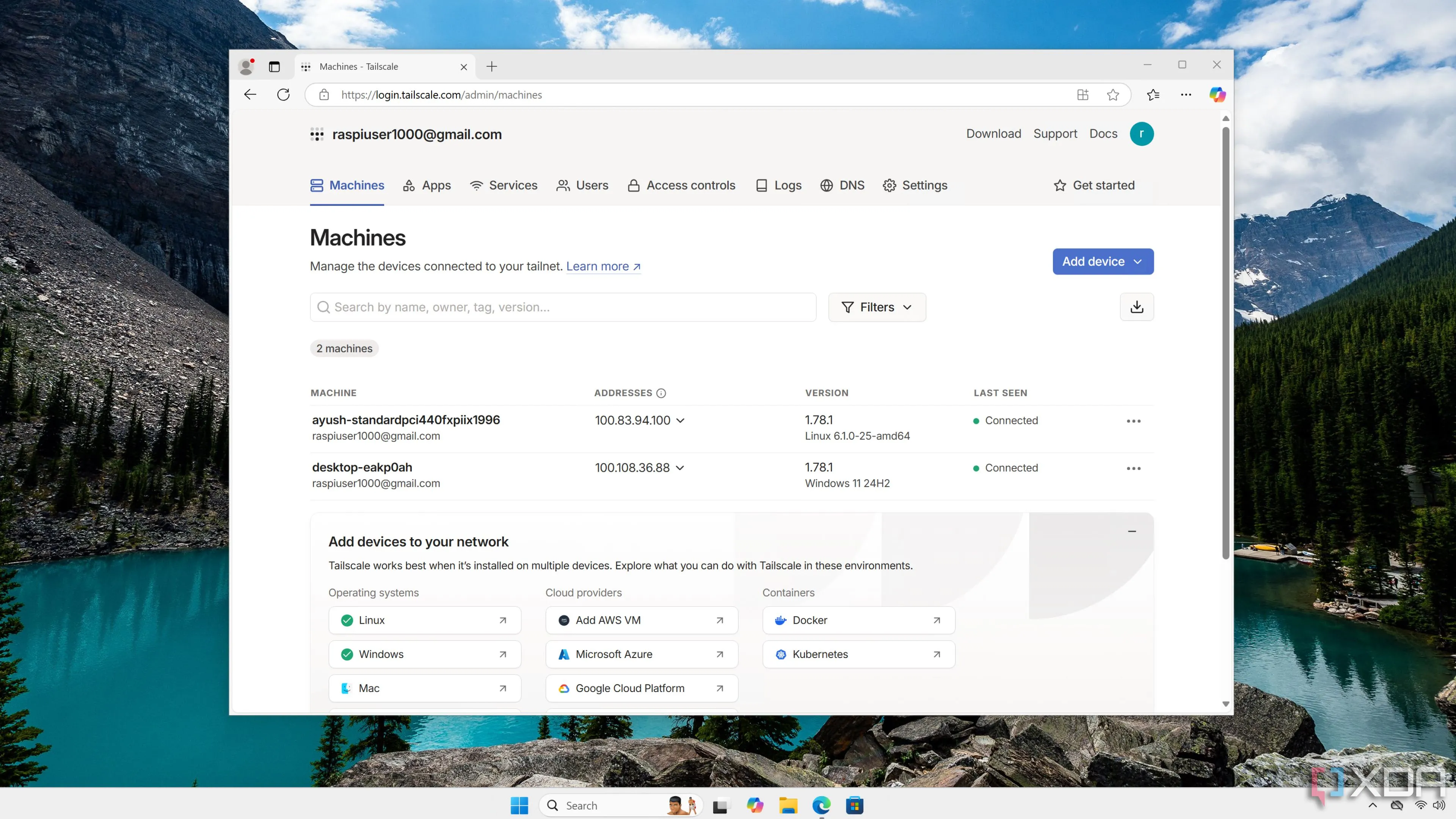 Giao diện người dùng web của Tailscale, một giải pháp VPN bảo mật cho mạng gia đình