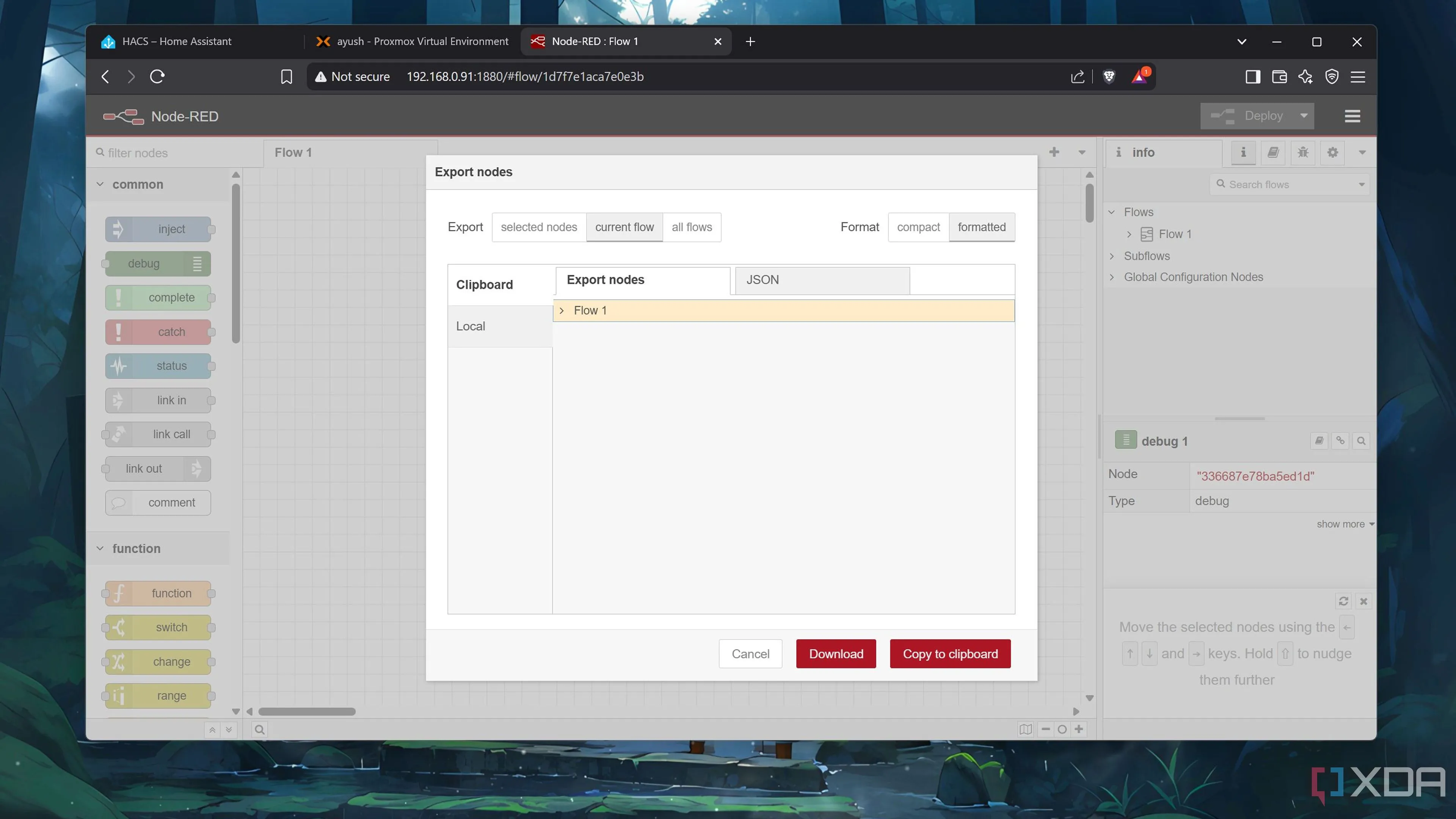 Giao diện Node-RED hiển thị menu &quot;Export&quot; để xuất các luồng (flows) tự động hóa dưới dạng JSON hoặc mã nguồn