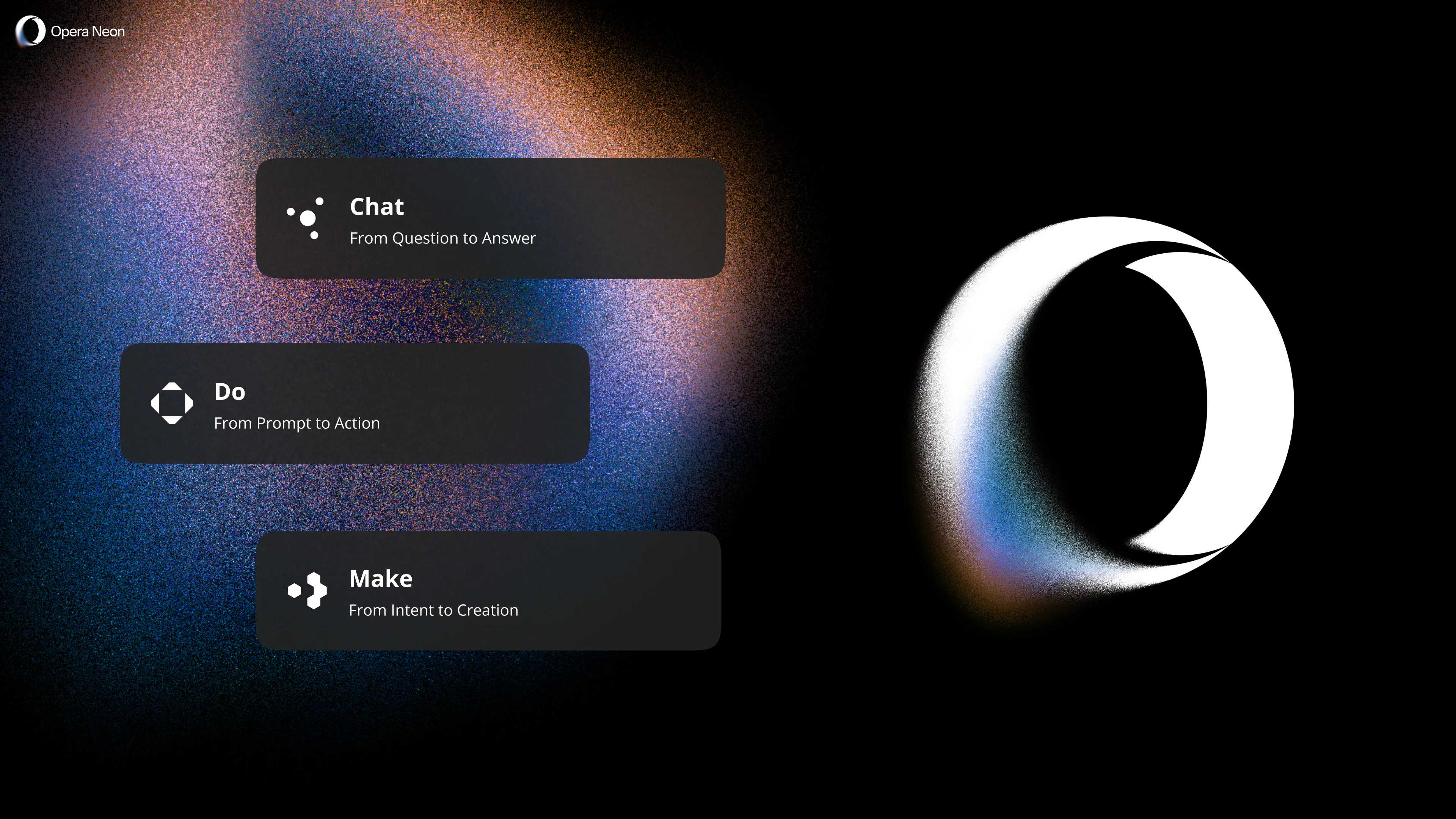 Giao diện Opera Neon ở chế độ tối, làm nổi bật các công cụ AI và chat bot