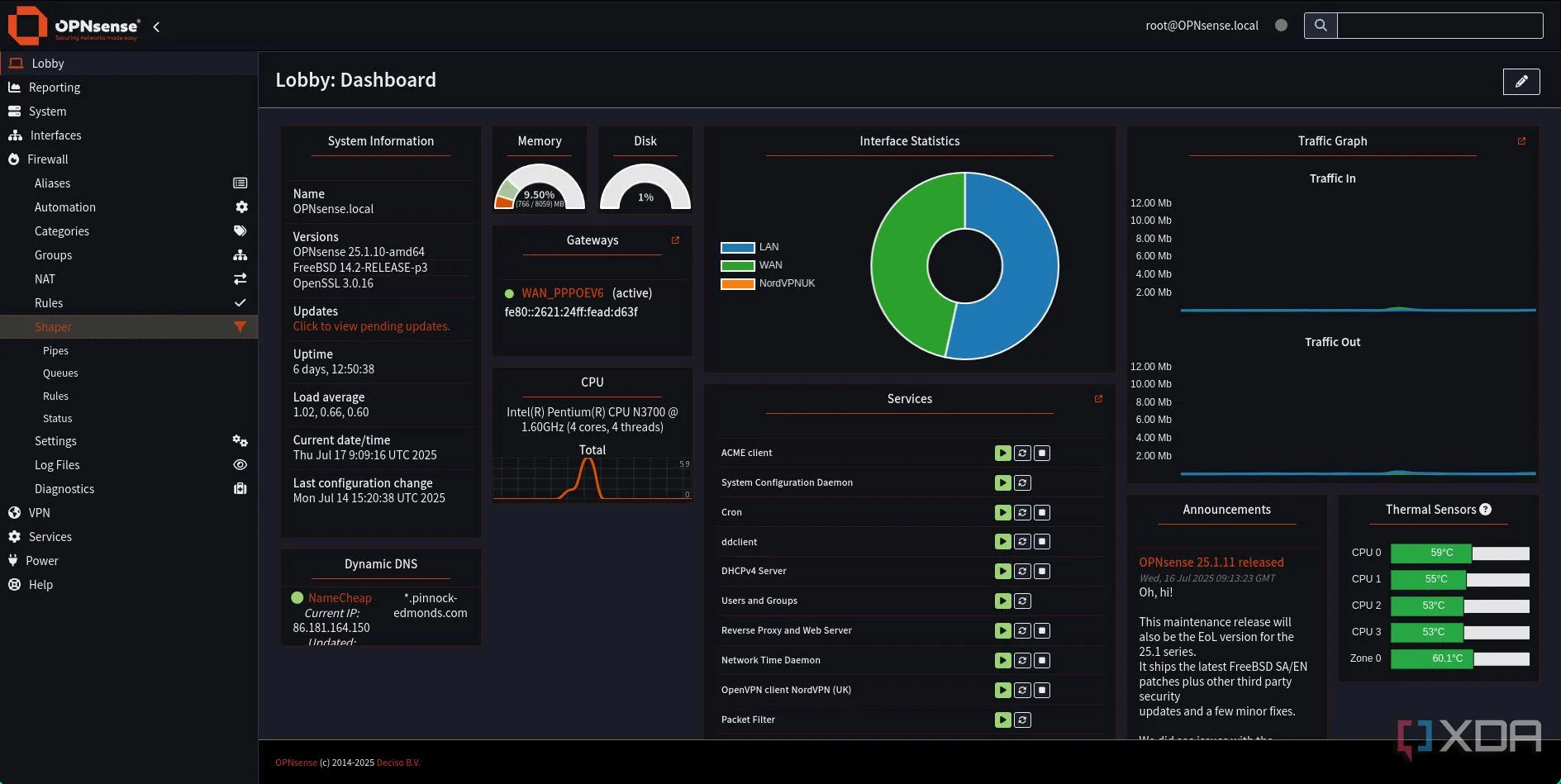 Giao diện OPNsense Dashboard với menu Firewall &amp; Shaper, nơi bắt đầu cấu hình Traffic Shaping
