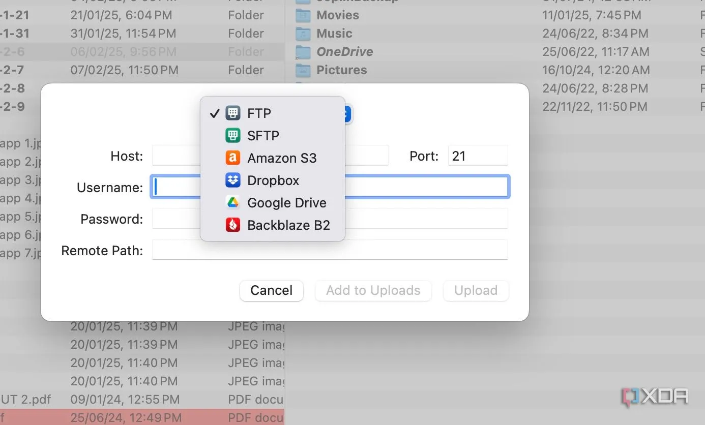 Giao diện Path Finder cho phép tải trực tiếp tệp tin lên các dịch vụ lưu trữ đám mây như Google Drive và Dropbox