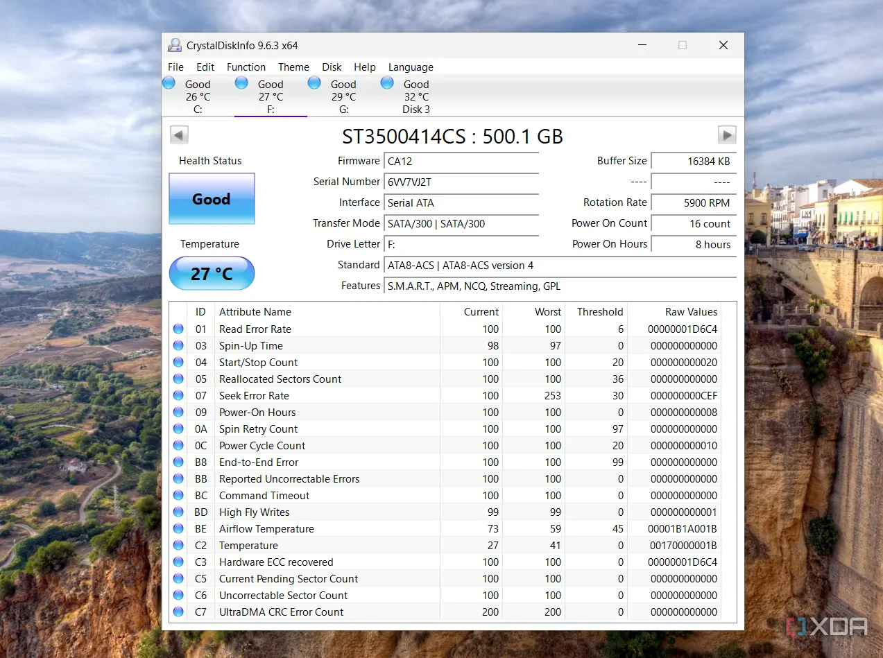 Giao diện phần mềm CrystalDiskInfo hiển thị các chỉ số S.M.A.R.T. của ổ đĩa HDD tân trang, bao gồm Spin Retry Count.