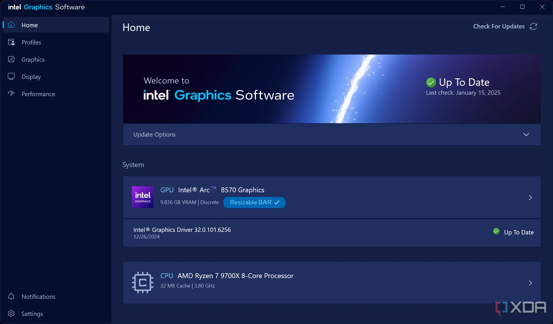 Giao diện phần mềm Intel Graphics Software hiển thị thông tin GPU B570