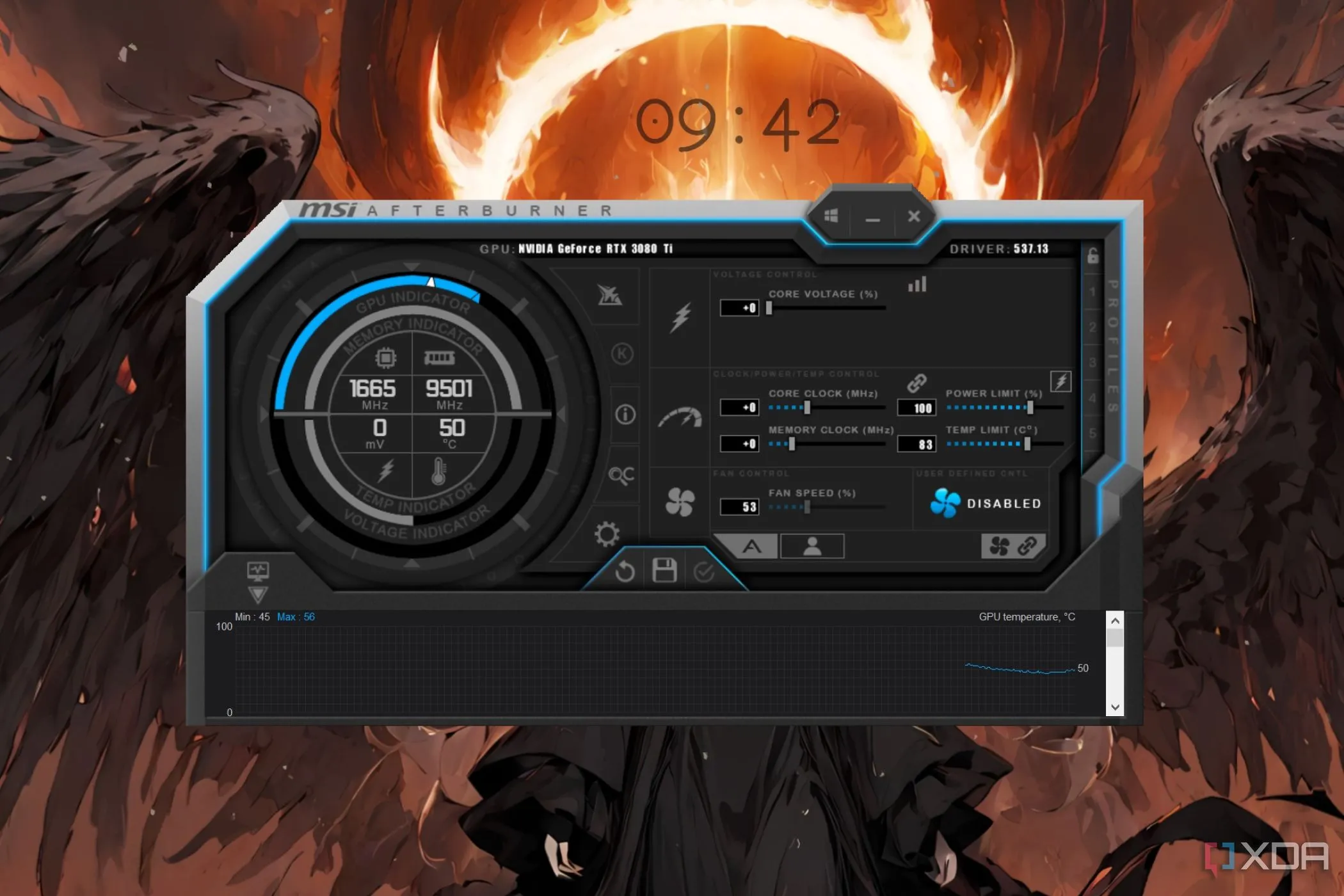 Giao diện phần mềm MSI Afterburner, cho phép điều chỉnh giới hạn nguồn của GPU để tăng hiệu suất.