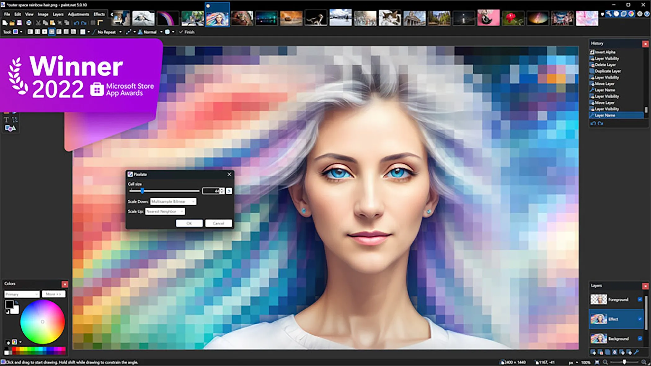 Giao diện phần mềm Paint.NET với huy hiệu chiến thắng từ Microsoft