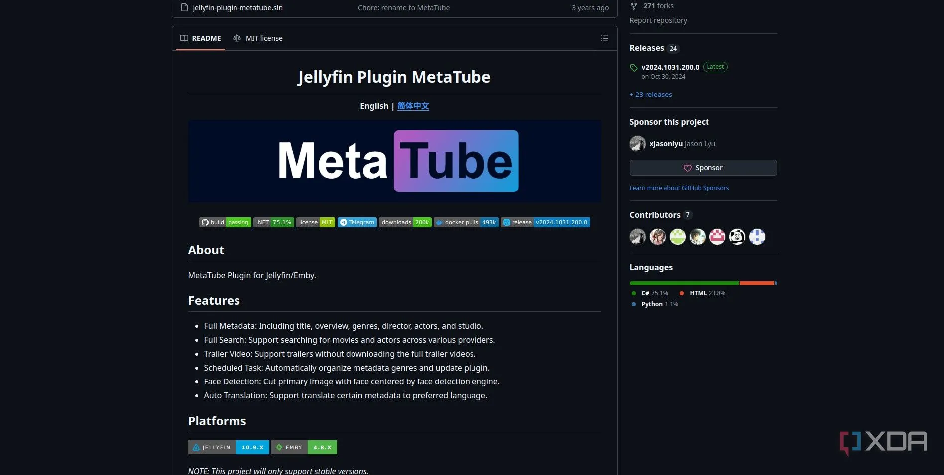 Giao diện plugin MetaTube trên Jellyfin hiển thị thông tin metadata chi tiết cho phim và TV series, bao gồm tiêu đề, mô tả, diễn viên và thể loại