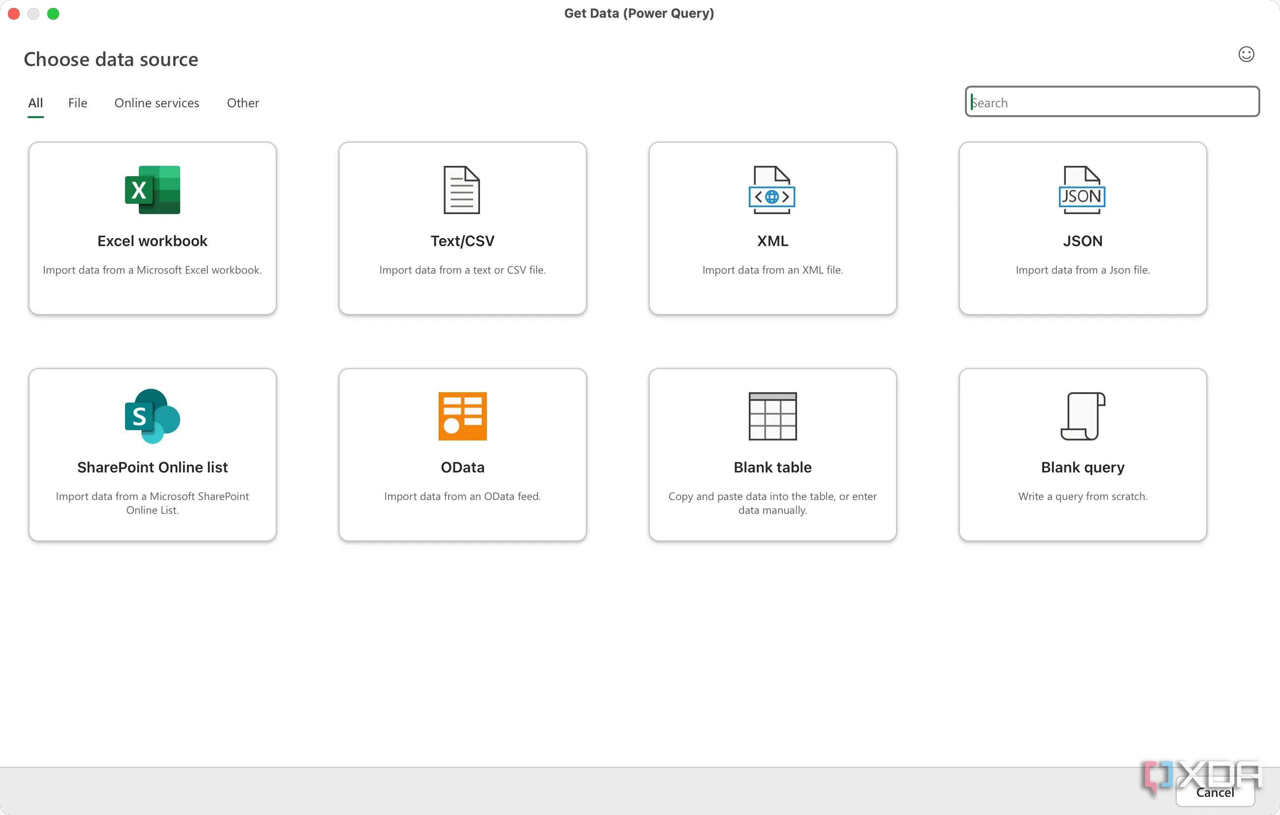 Giao diện Power Query trong Excel, hiển thị tùy chọn chọn nguồn dữ liệu từ nhiều định dạng khác nhau