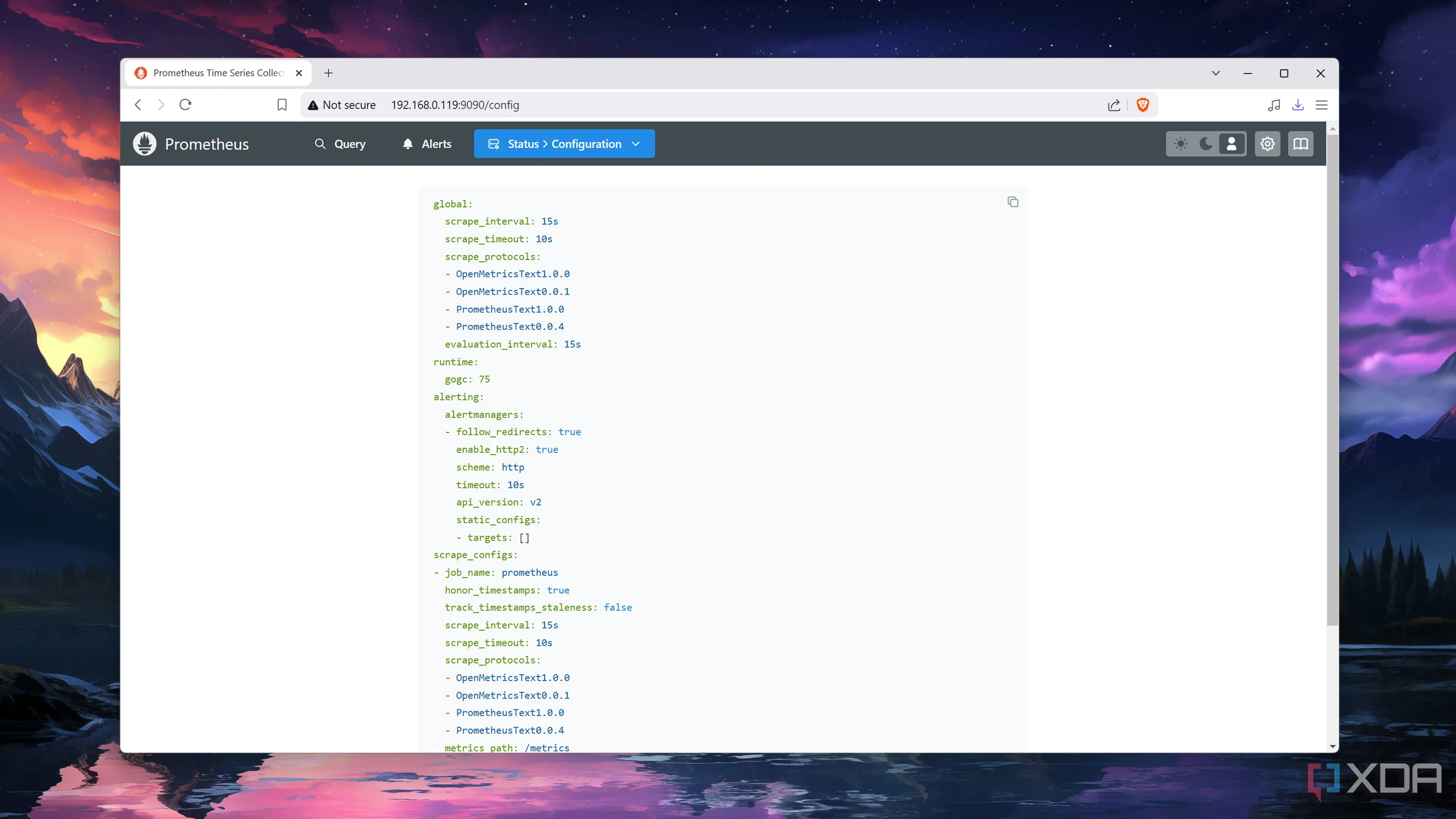 Giao diện Prometheus Dashboard hiển thị các số liệu thống kê, minh họa khả năng tự host Prometheus để theo dõi hiệu suất máy chủ và dịch vụ tự host