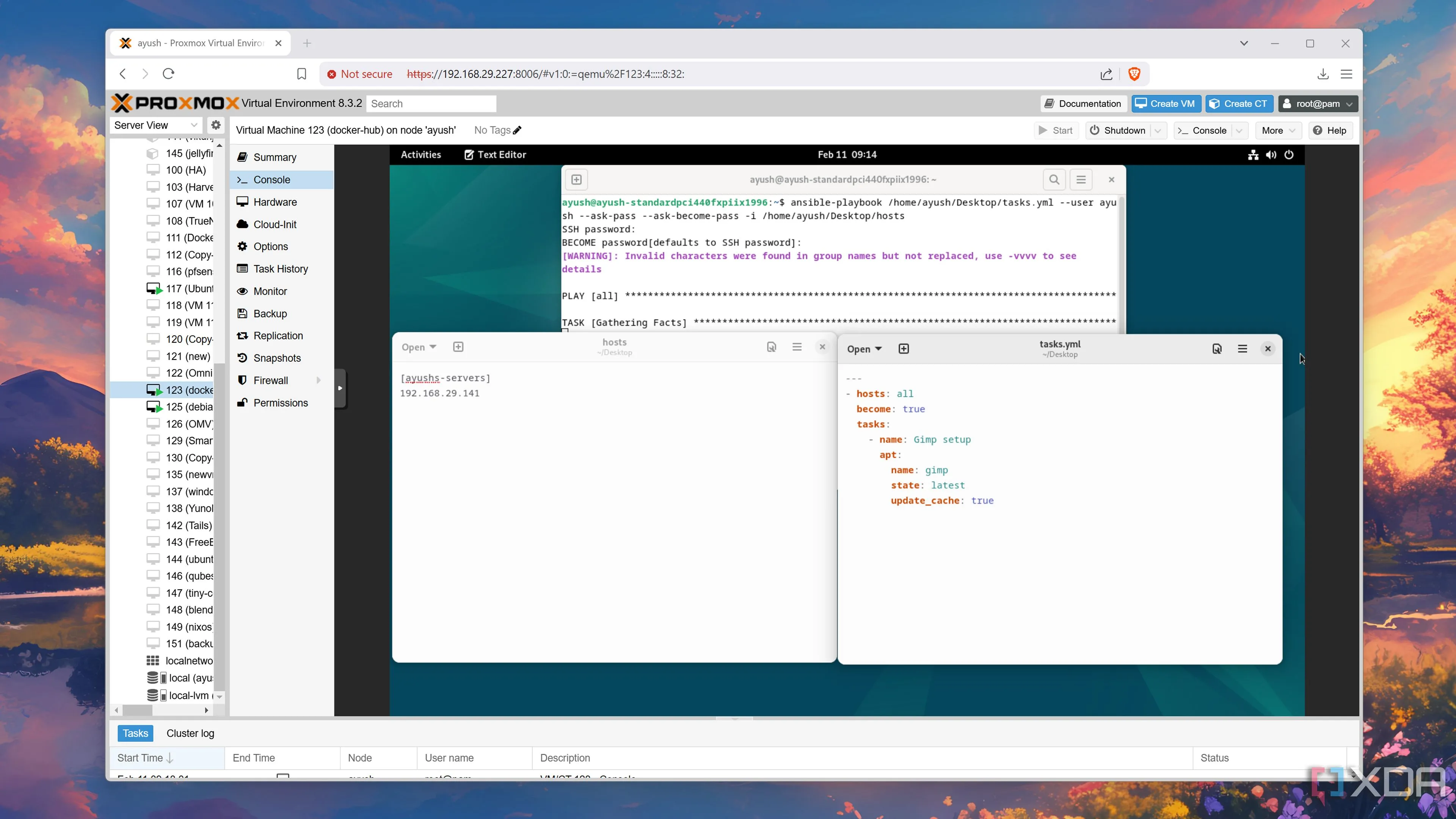 Giao diện Proxmox hiển thị quá trình chạy các script Ansible để tự động hóa tác vụ