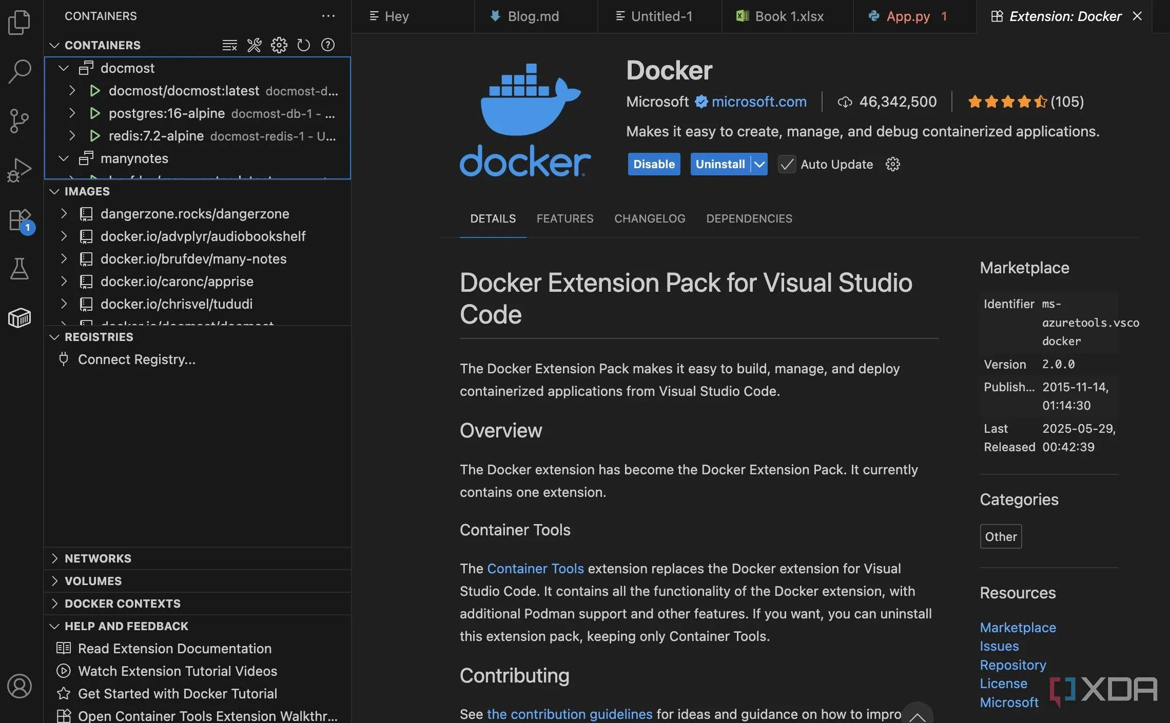 Giao diện quản lý Docker container và image trực tiếp trong Visual Studio Code