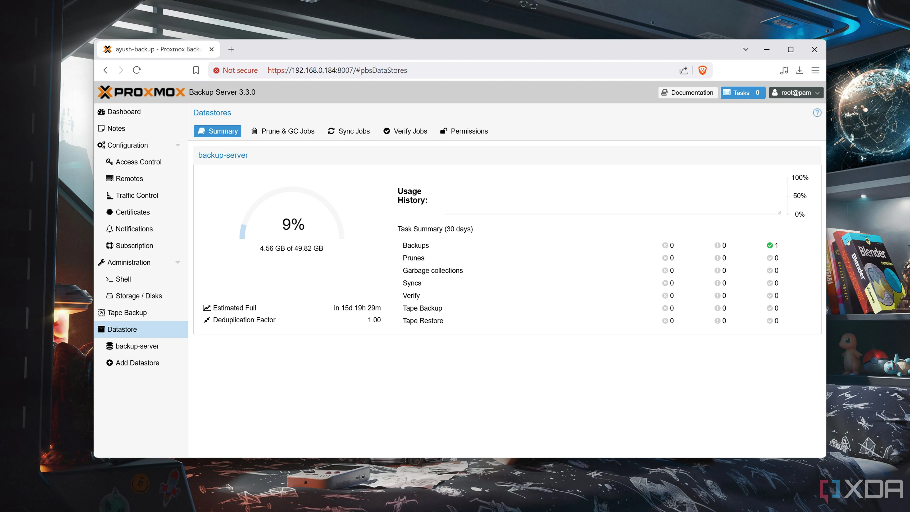 Giao diện quản lý Proxmox Backup Server, hiển thị tab Datastore với thông tin lưu trữ