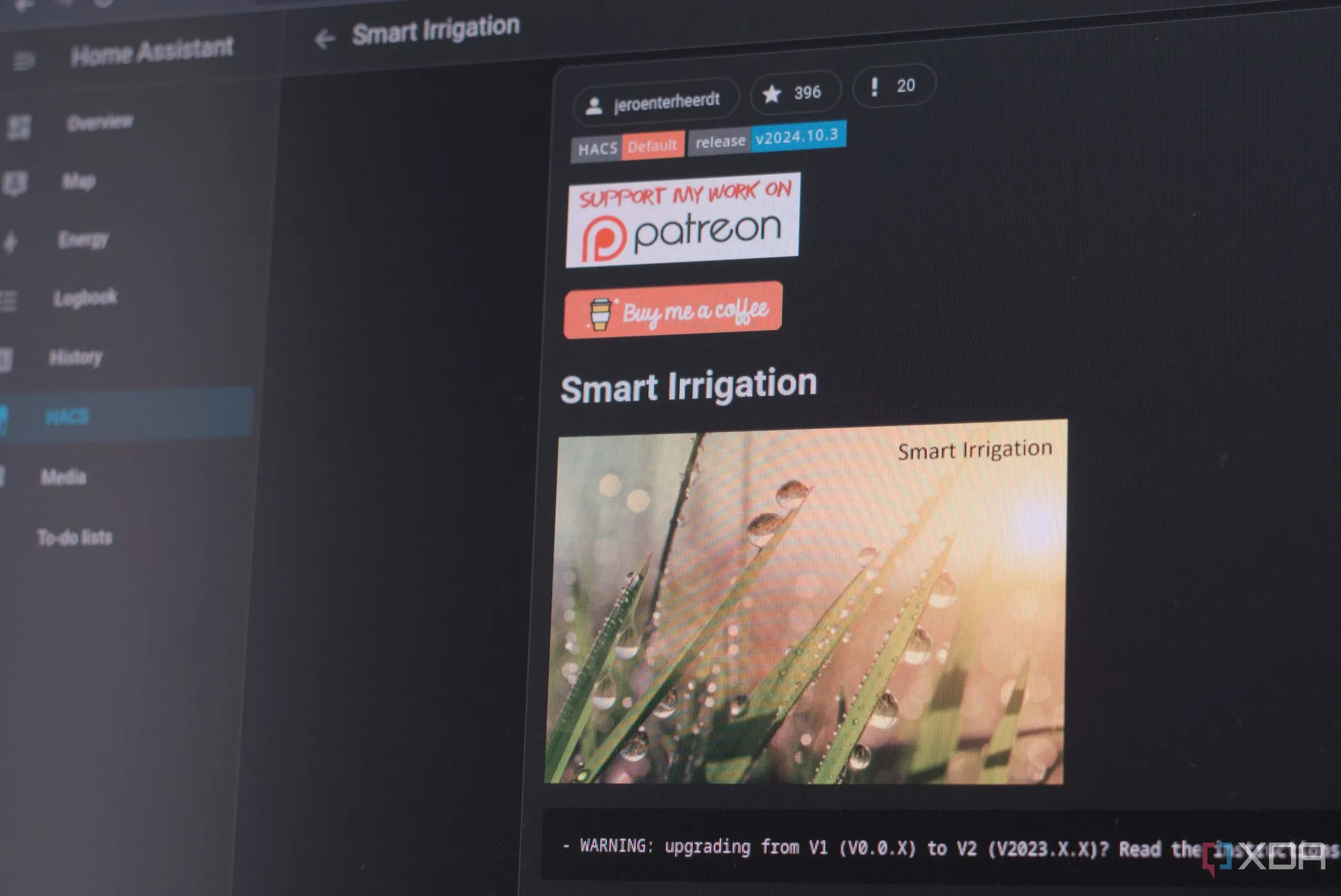 Giao diện quản lý Smart Irrigation trong Home Assistant