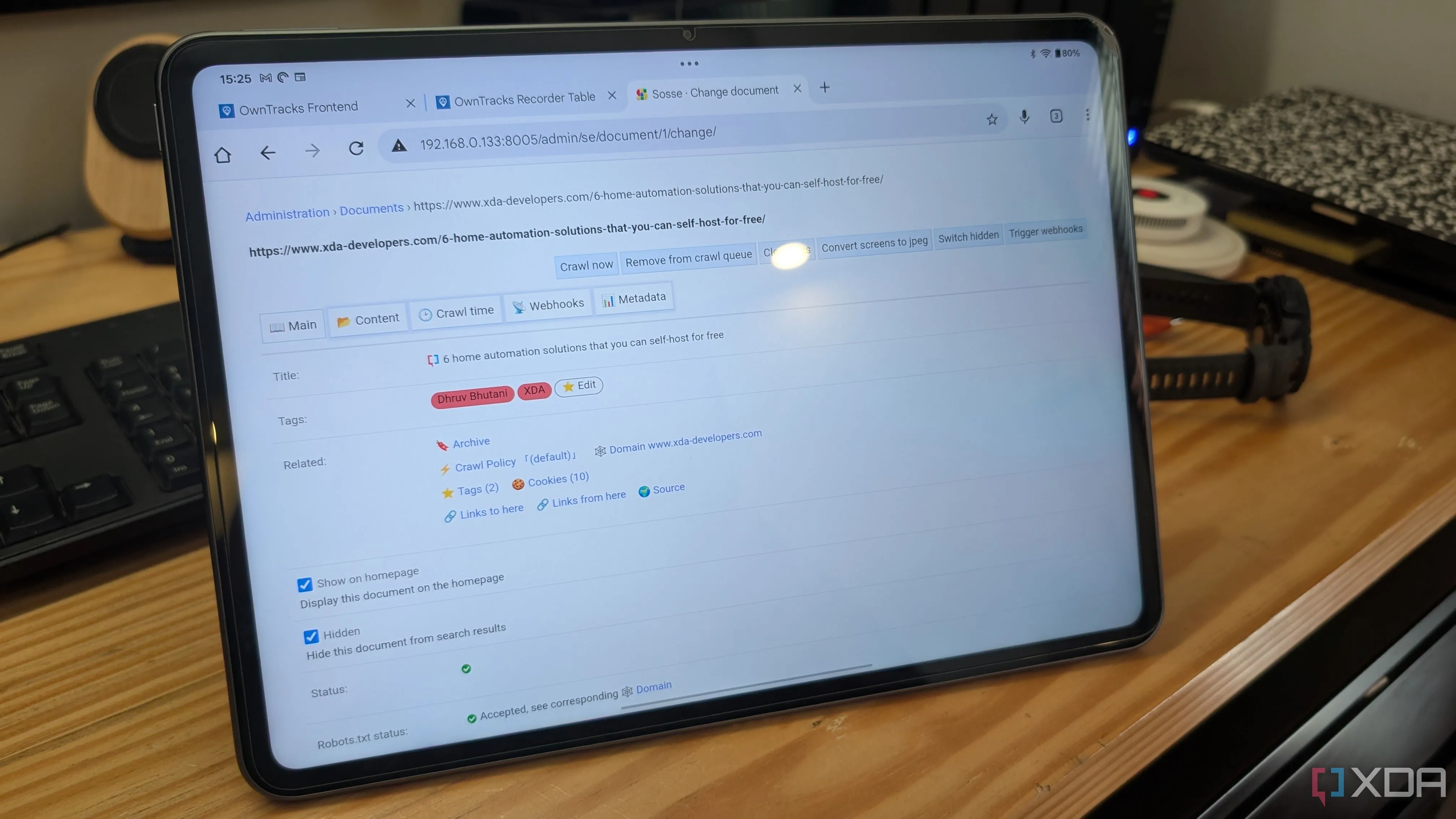 Giao diện quản lý tài liệu đã lưu trong Sosse, hiển thị danh sách các trang web đã được lưu trữ với thông tin chi tiết và tùy chọn tìm kiếm theo thẻ