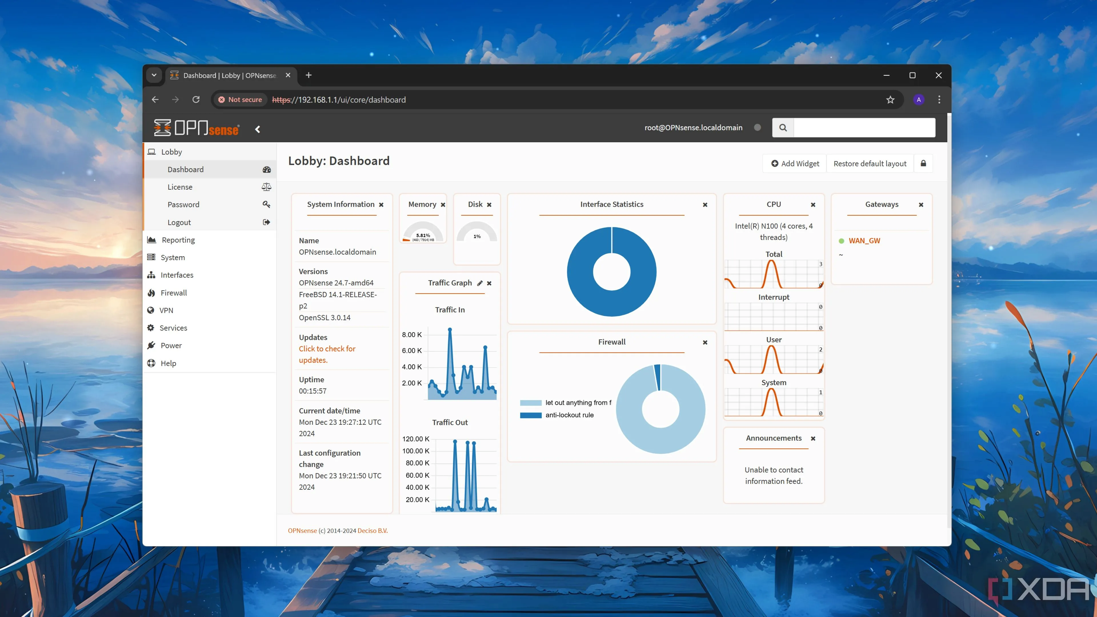Giao diện quản trị (dashboard) của OPNsense hiển thị các thông số và tùy chọn cấu hình mạng