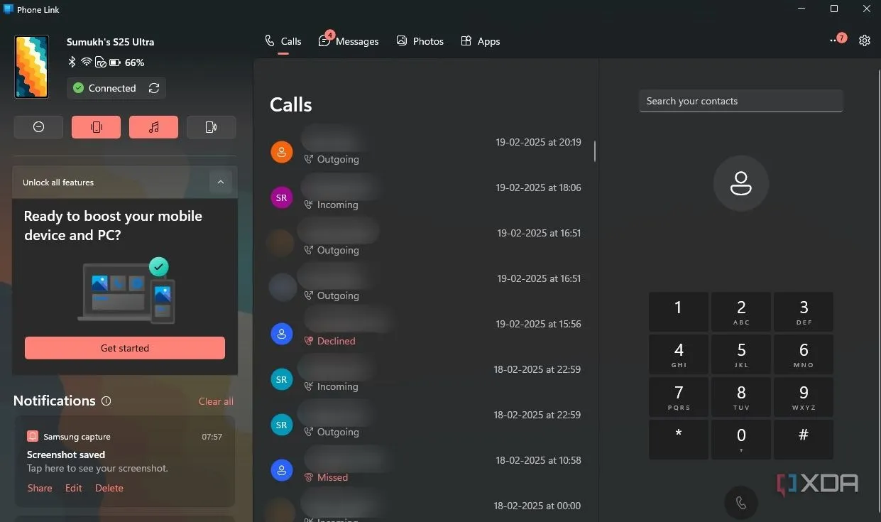 Giao diện quay số cuộc gọi trên Microsoft Phone Link, cho phép thực hiện và nhận cuộc gọi điện thoại trực tiếp từ máy tính Windows.