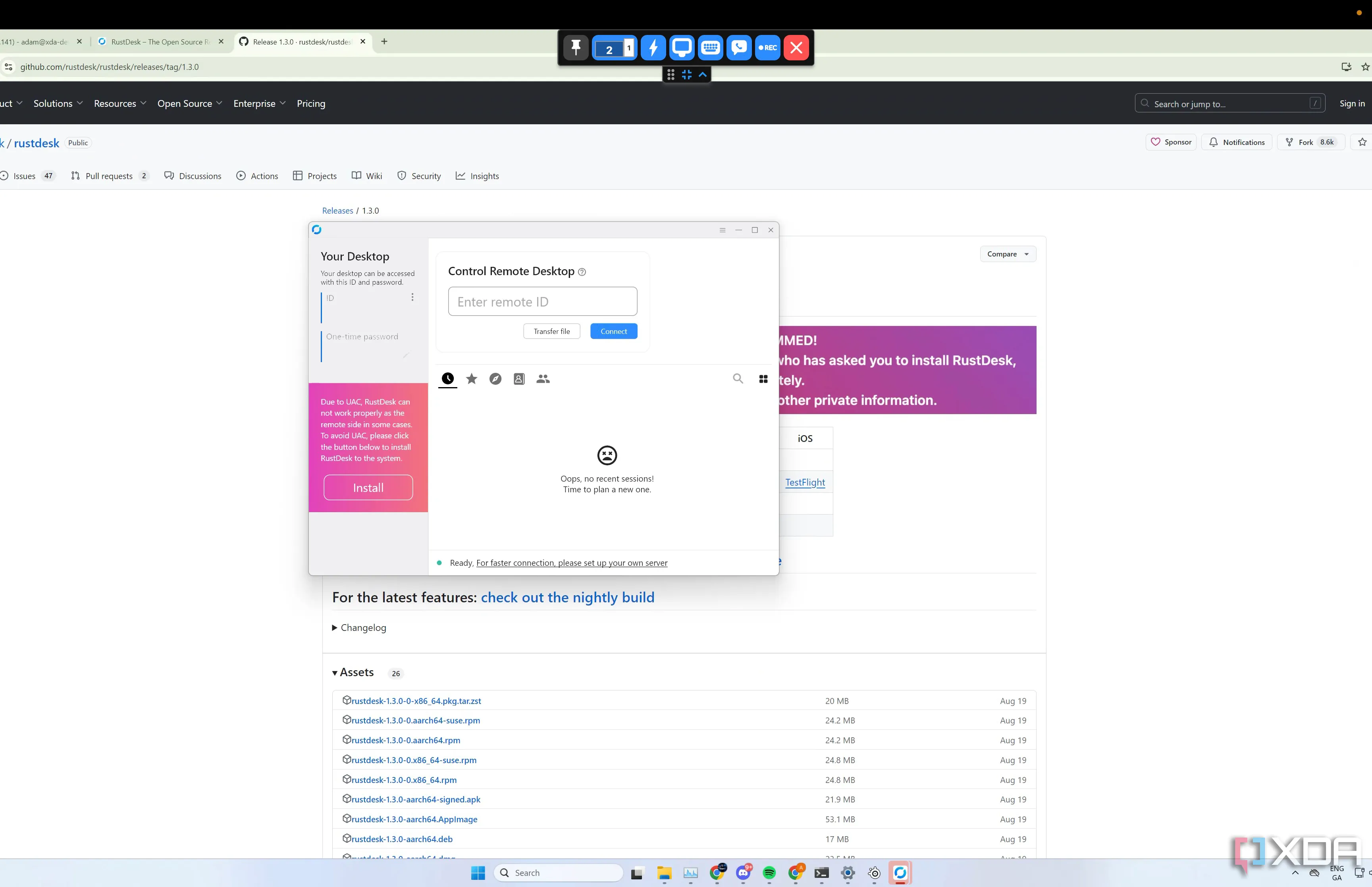 Giao diện RustDesk đang hoạt động trên hệ điều hành Windows, minh họa tính năng miễn phí và mã nguồn mở