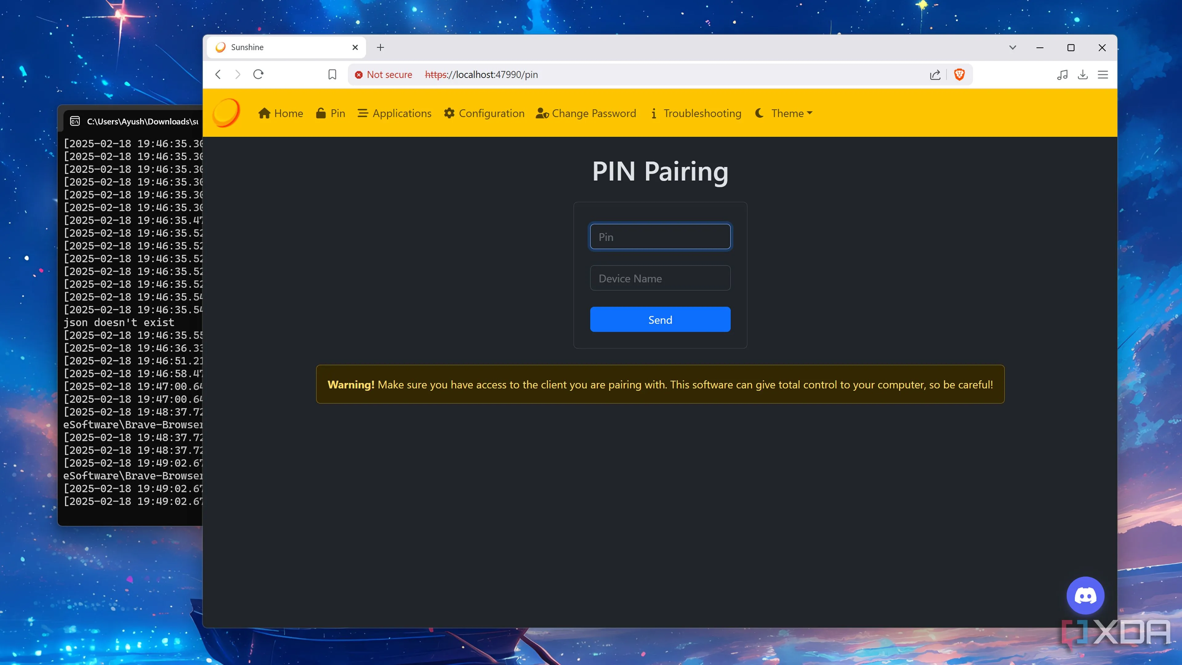 Giao diện tab PIN Pairing trong Sunshine cho phép xác thực không cần tài khoản