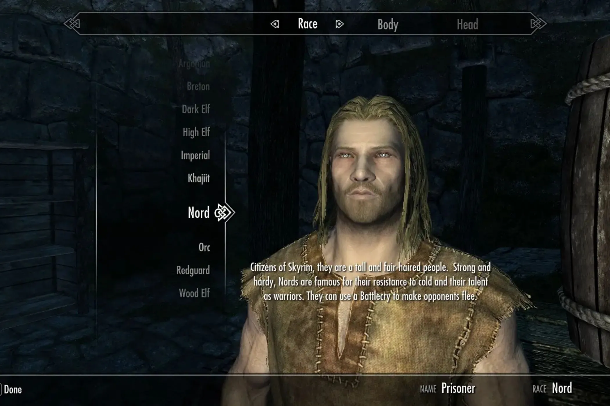 Giao diện tạo nhân vật của mod Alternate Start Skyrim, cho phép chọn điểm khởi đầu mới