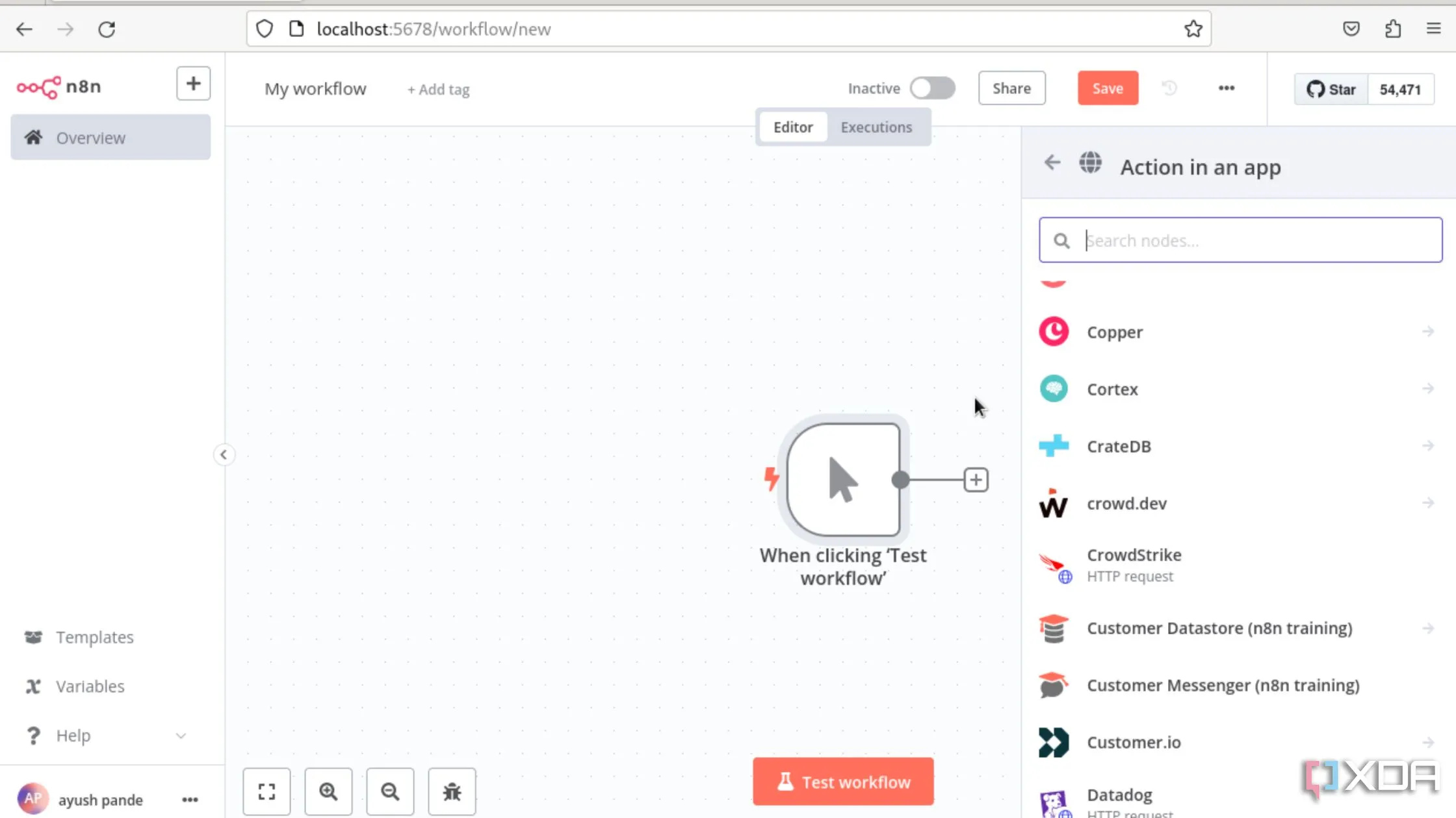 Giao diện tạo workflow thử nghiệm trong n8n