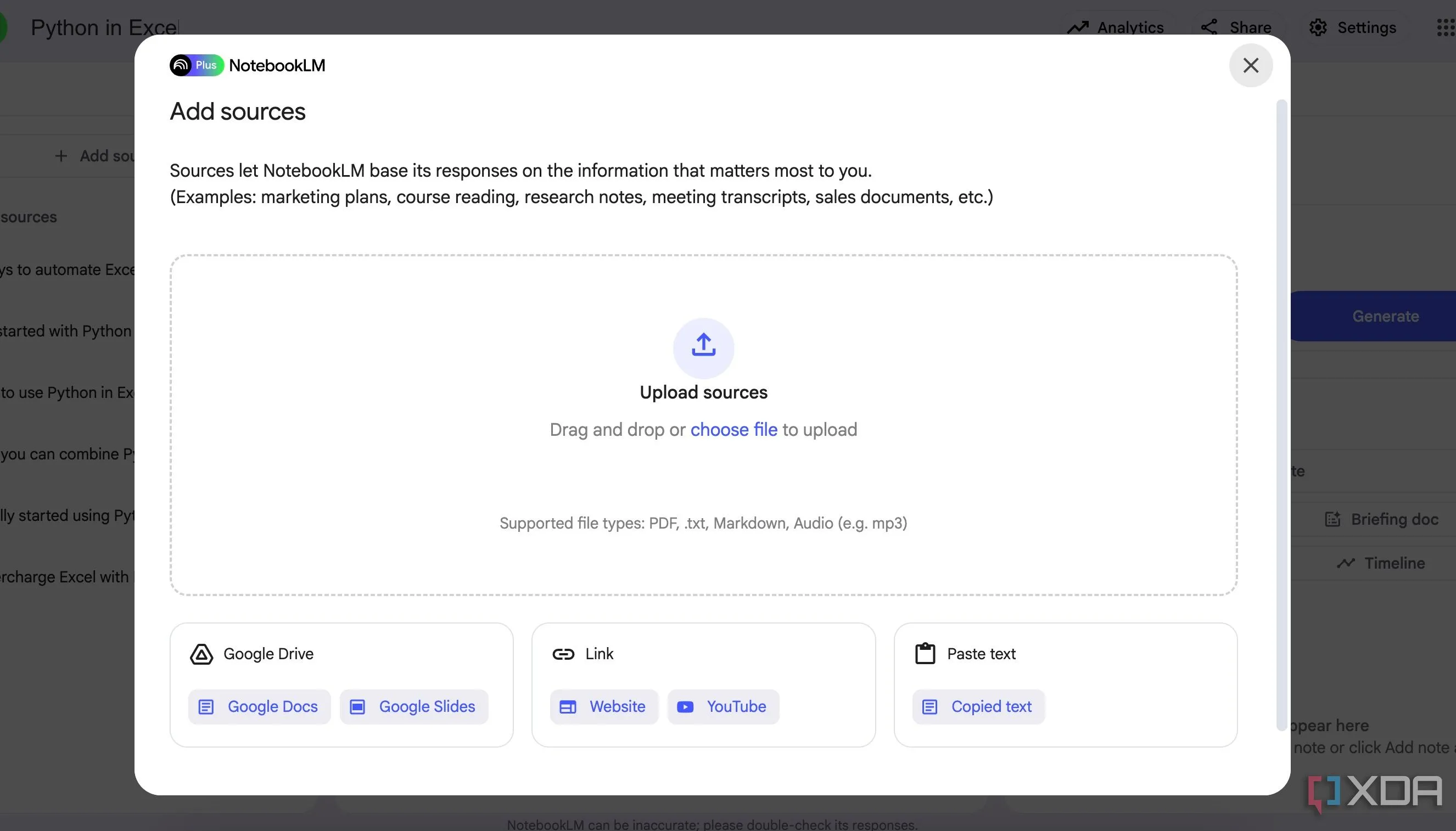 Giao diện thêm nguồn tài liệu vào NotebookLM, bao gồm các file ghi chú từ các ứng dụng khác như Obsidian hoặc Notion.