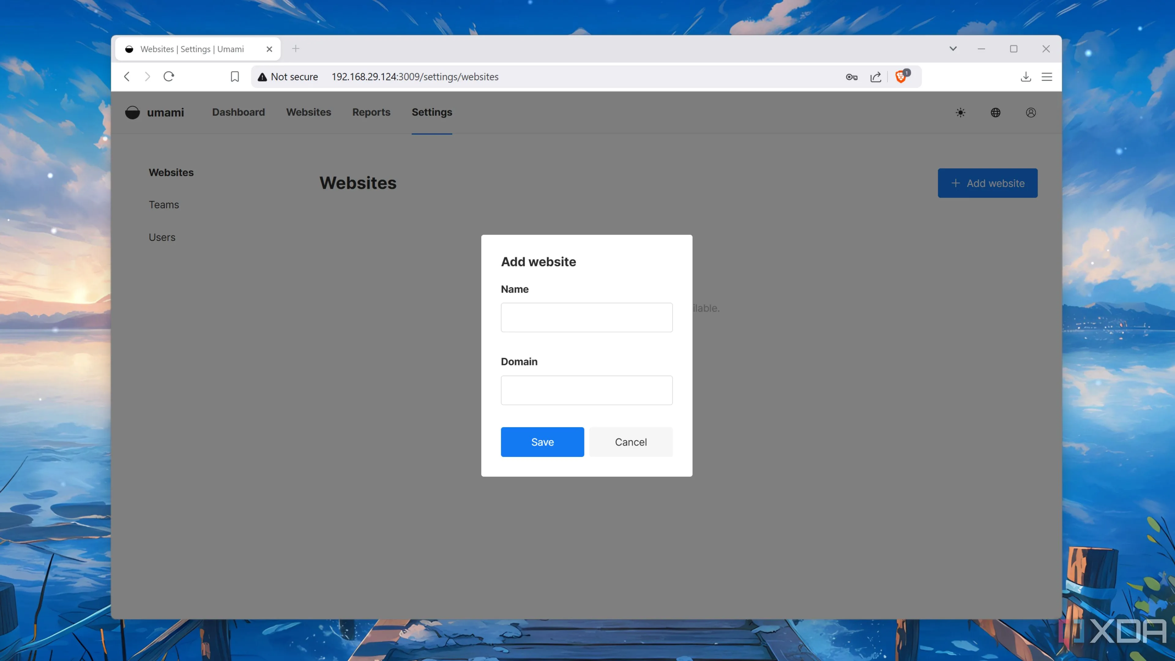 Giao diện thêm website vào Umami, một công cụ phân tích web tự host dành cho Home Lab, thể hiện khả năng theo dõi lưu lượng truy cập.